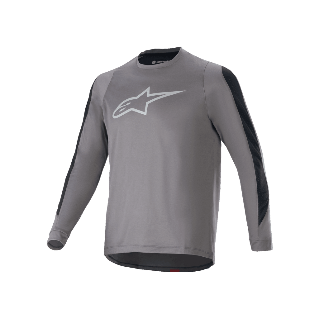 Alpinestars A-Dura Dri Astar Jersey met lange mouwen, donkergrijs met wit Astars-logo op de borst, zwarte mesh-ventilatiepanelen op de mouwen, technische fietskleding voor MTB