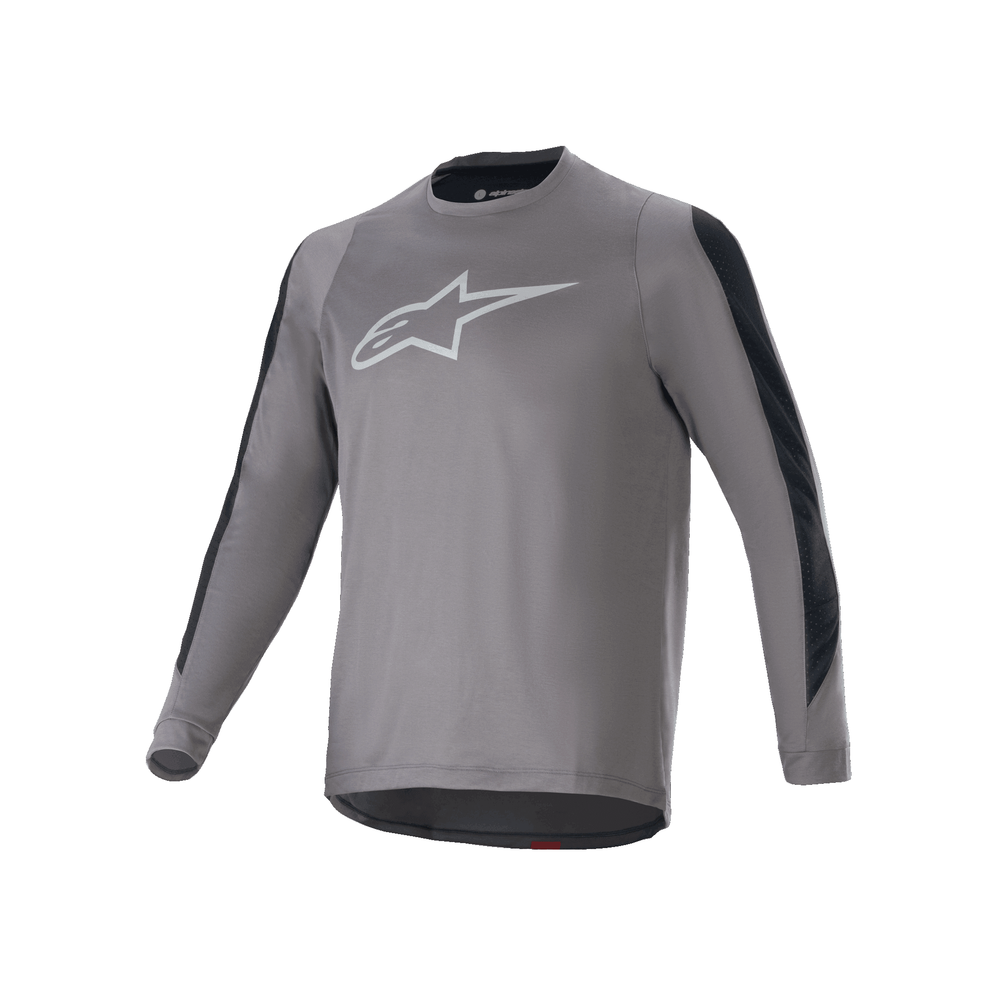 Alpinestars A-Dura Dri Astar Jersey met lange mouwen, donkergrijs met wit Astars-logo op de borst, zwarte mesh-ventilatiepanelen op de mouwen, technische fietskleding voor MTB