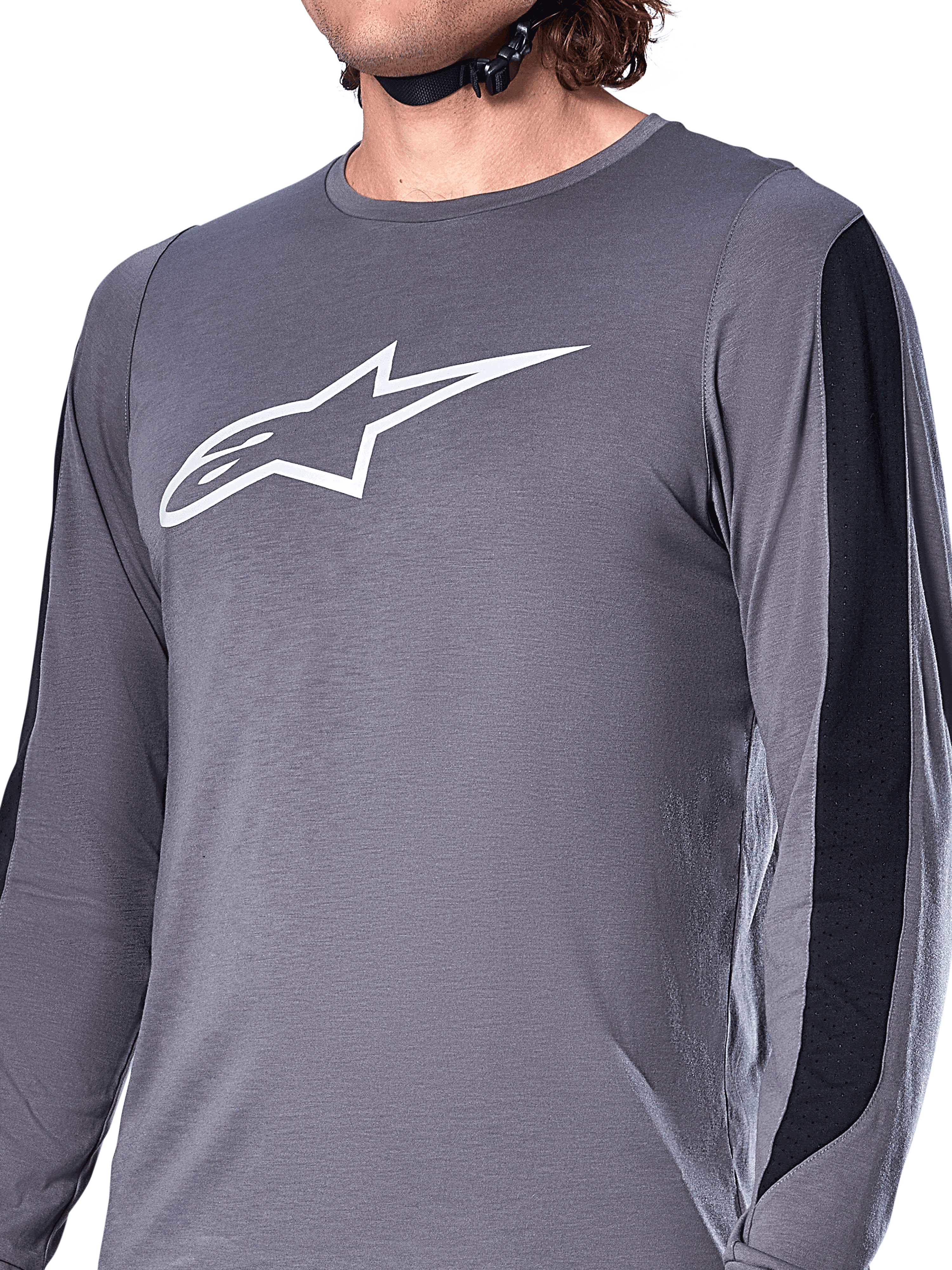 Alpinestars A-Dura Dri Astar Jersey, lange mouwen, donkergrijs, wit Astars-logo op de borst, zwarte meshpanelen op de mouwen, technische mountainbike-kleding