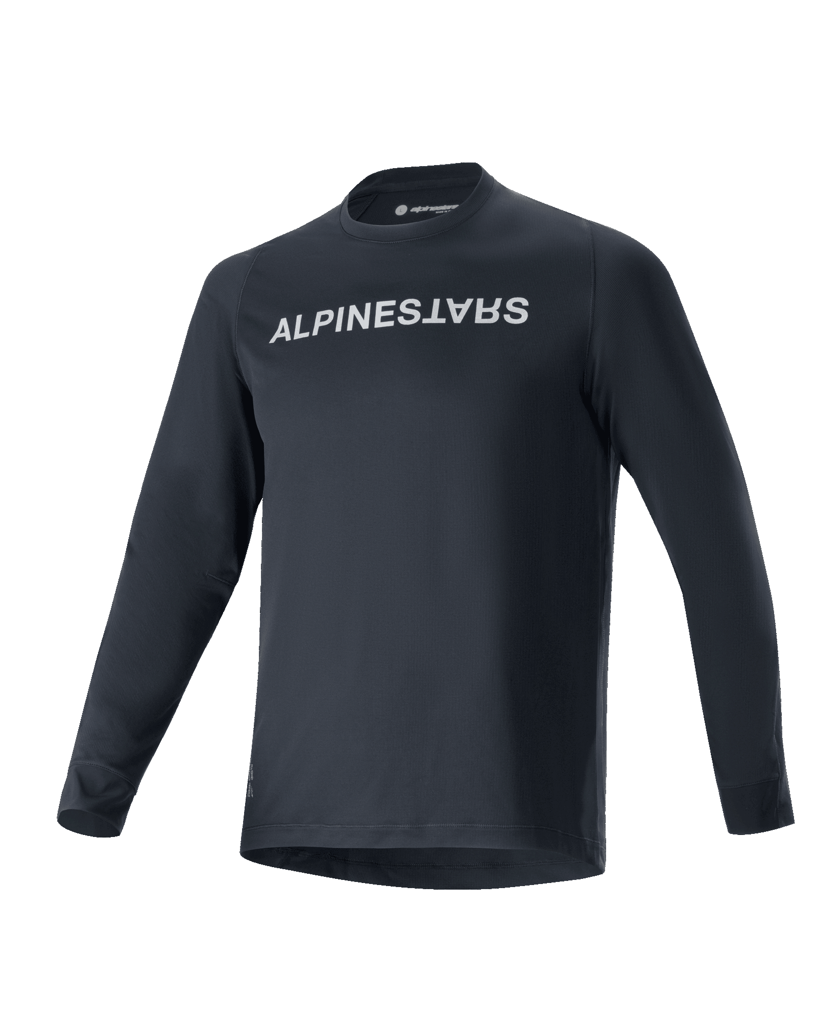 Alpinestars A-Aria Switch Long Sleeve Jersey, maillot de VTT, noir, logo Alpinestars blanc sur la poitrine, col rond, tissu léger et respirant, coupe performance pour le tout-terrain