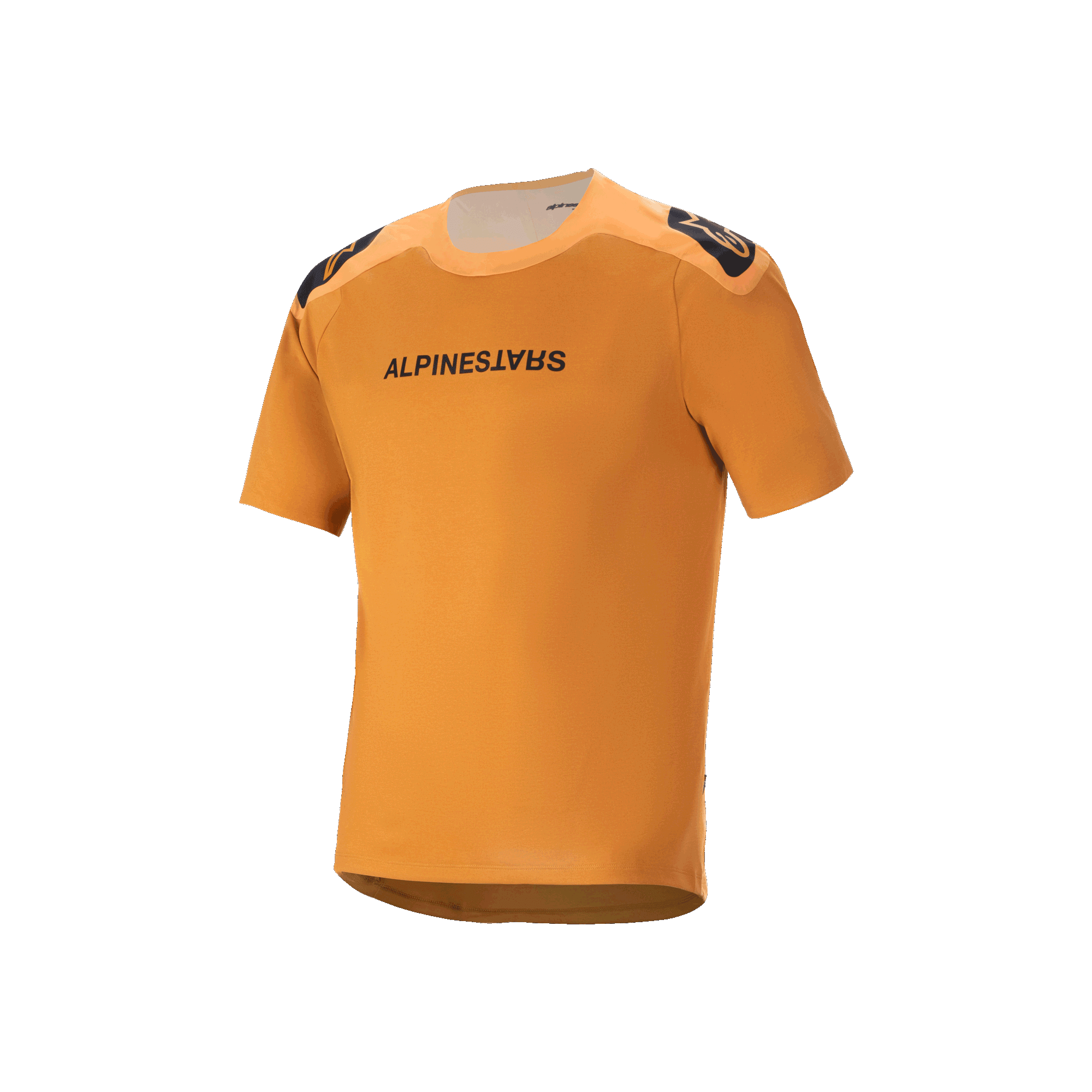 Alpinestars A-Aria Polartec Switch Short Sleeve Jersey, Dark Gold, black Alpinestars text on chest, shoulder logos, technical mountain bike apparel with drop tail design