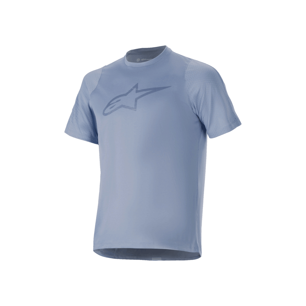 Alpinestars A-Dura Dri Astar Short Sleeve Jersey, Infinity Blue, featuring a large chest logo, breathable mesh panels on the sleeves, and drirelease fabric, designed for mountain bike performance.