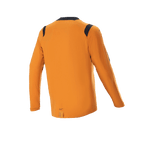 Alpinestars A-Dura Dri Wool Jersey met lange mouwen, Dark Gold, achteraanzicht met zwarte mesh panelen op de schouders en kraag, technische mountainbikekleding met een langere afhangende staart