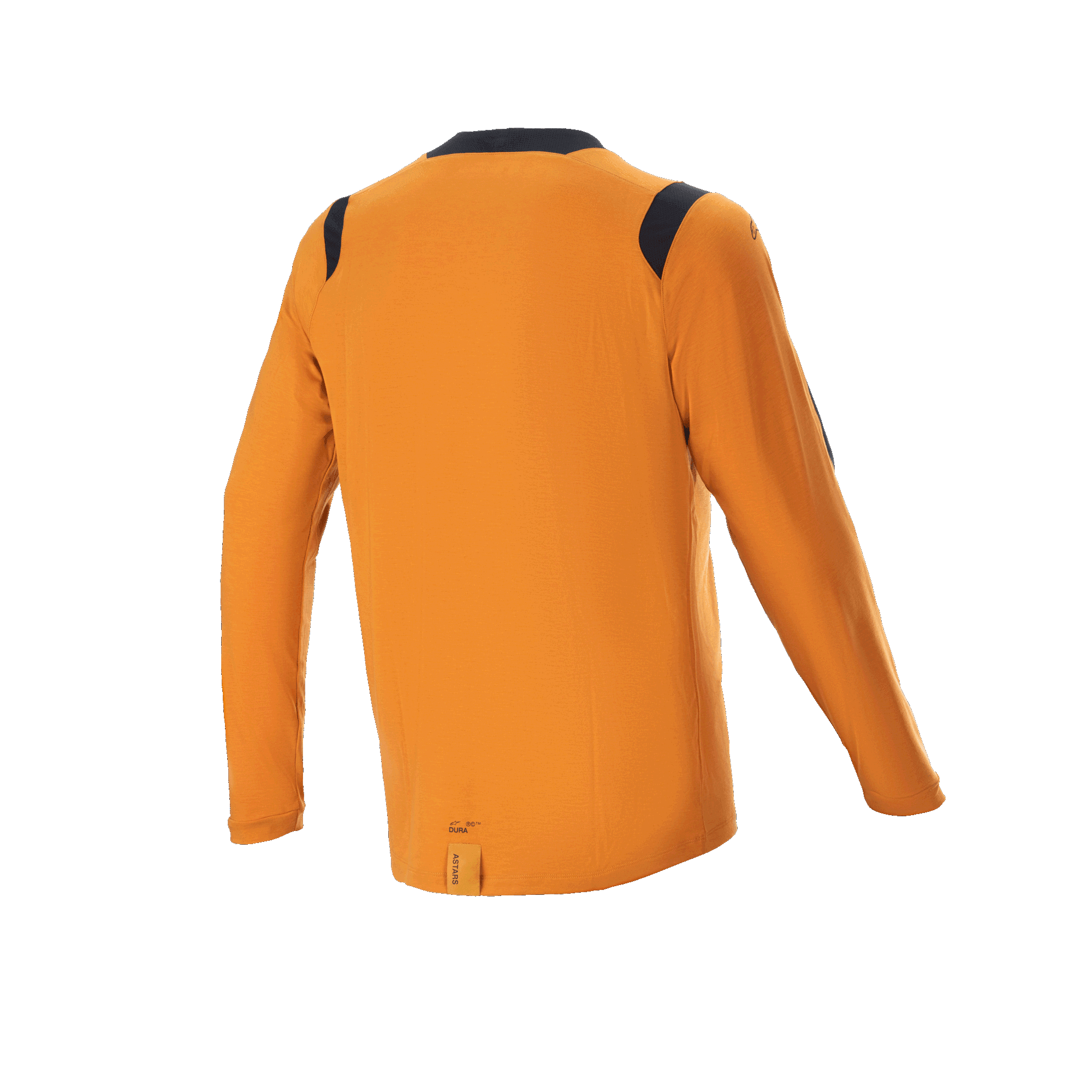 Alpinestars A-Dura Dri Wool Jersey met lange mouwen, Dark Gold, achteraanzicht met zwarte mesh panelen op de schouders en kraag, technische mountainbikekleding met een langere afhangende staart