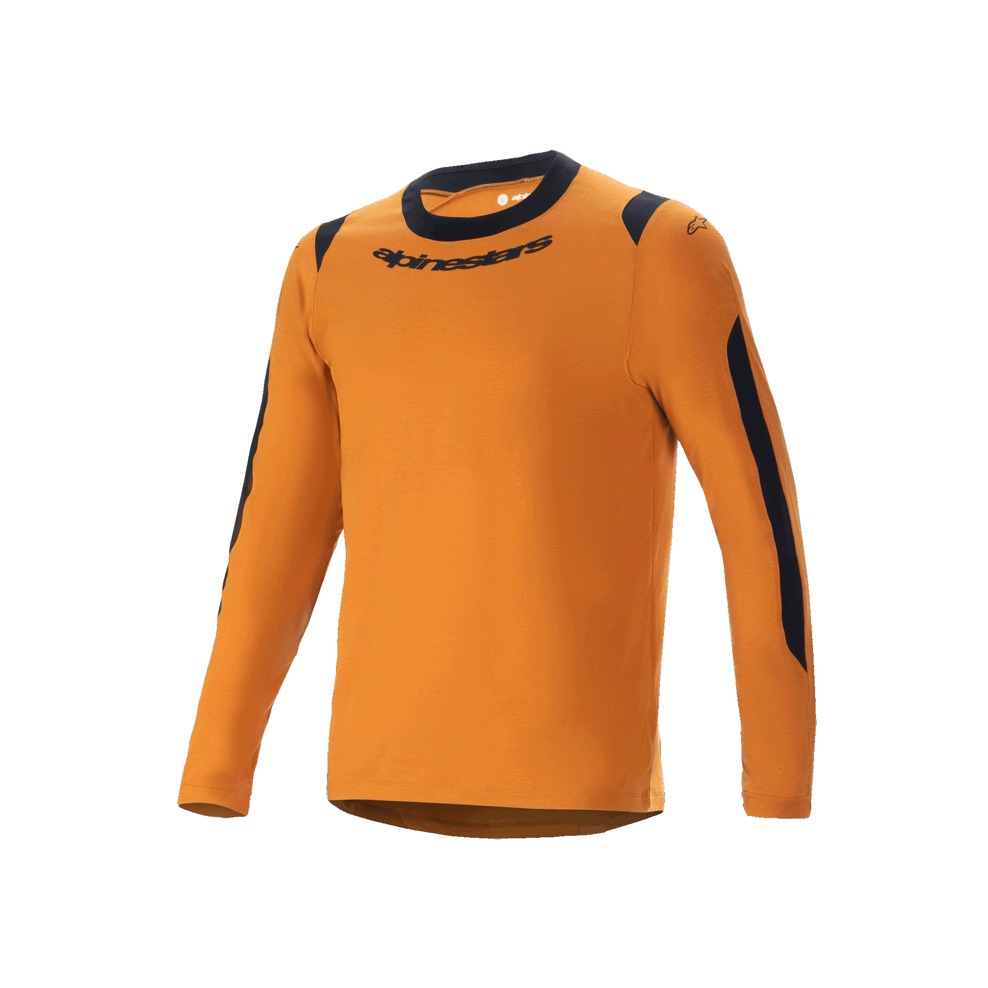 Alpinestars A-Dura Dri Wool Jersey - lange mouwen, mountainbike shirt, donkergoud, zwarte ronde hals en mesh panelen op de schouders en armen, Alpinestars-woordmerk op de borst, technische wolmix voor trailrijden