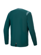 Maillot à manches longues Alpinestars A-Dura Dri Wool, Dark Pine, vue arrière présentant des panneaux en maille sur les épaules et le col, tissu technique en mélange de laine, pan arrière tombant pour une couverture VTT, petit logo orange sur l'ourlet inférieur