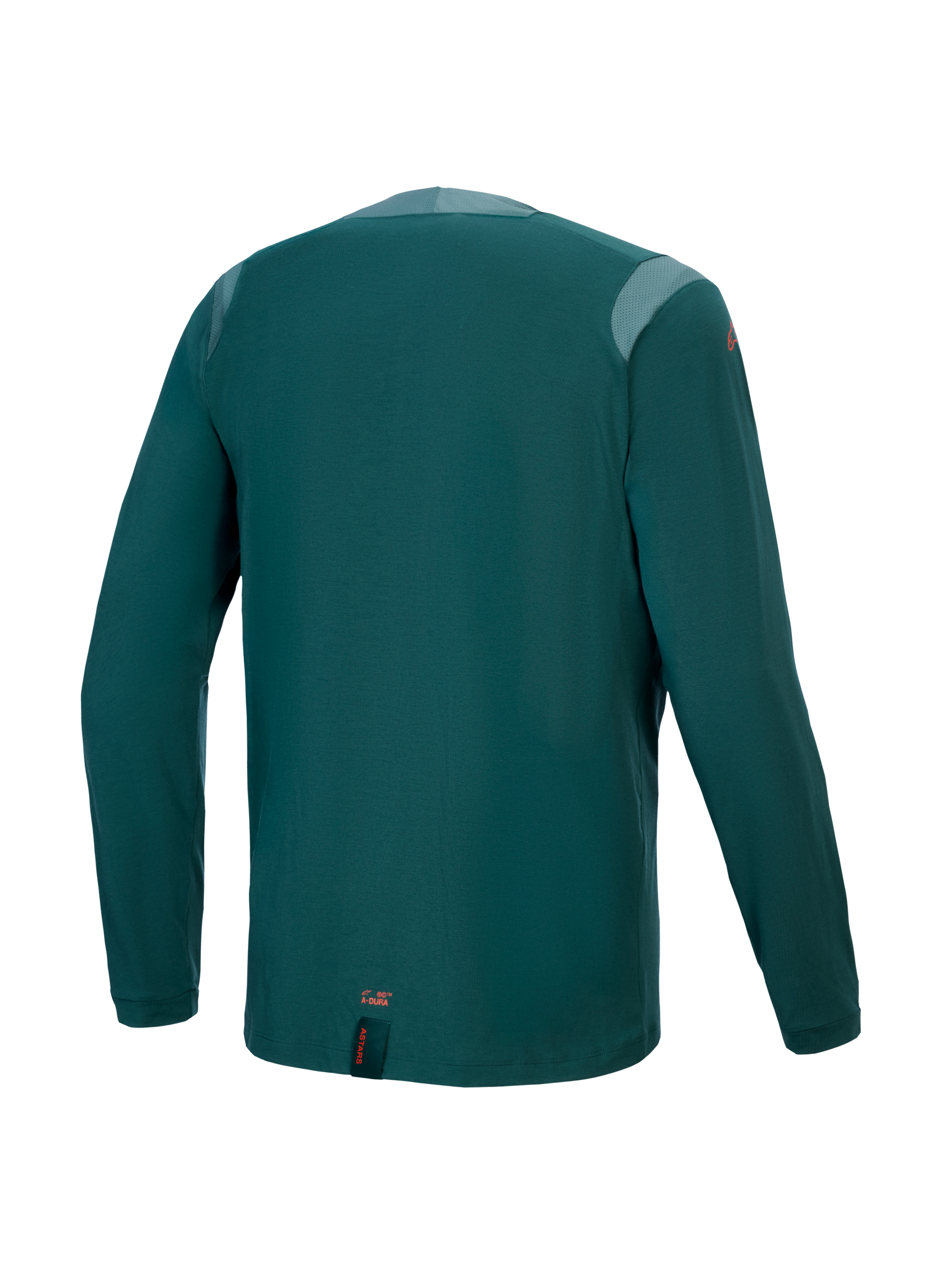 Maillot à manches longues Alpinestars A-Dura Dri Wool, Dark Pine, vue arrière présentant des panneaux en maille sur les épaules et le col, tissu technique en mélange de laine, pan arrière tombant pour une couverture VTT, petit logo orange sur l'ourlet inférieur