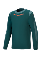 Alpinestars Maillot A-Dura Dri Wool - Manches longues, vert sapin foncé, maillot de VTT performance avec logo orange sur la poitrine, panneaux en maille gris clair et col rond