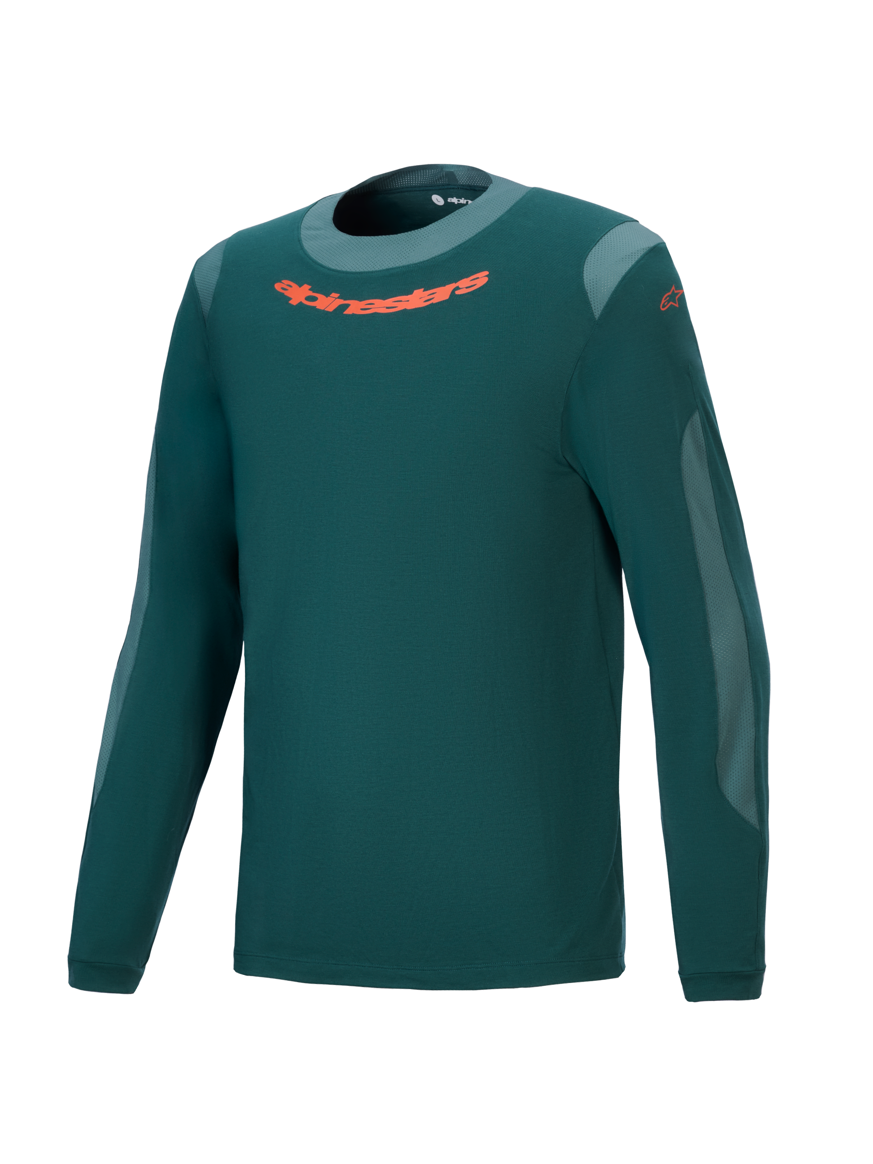 Alpinestars Maillot A-Dura Dri Wool - Manches longues, vert sapin foncé, maillot de VTT performance avec logo orange sur la poitrine, panneaux en maille gris clair et col rond