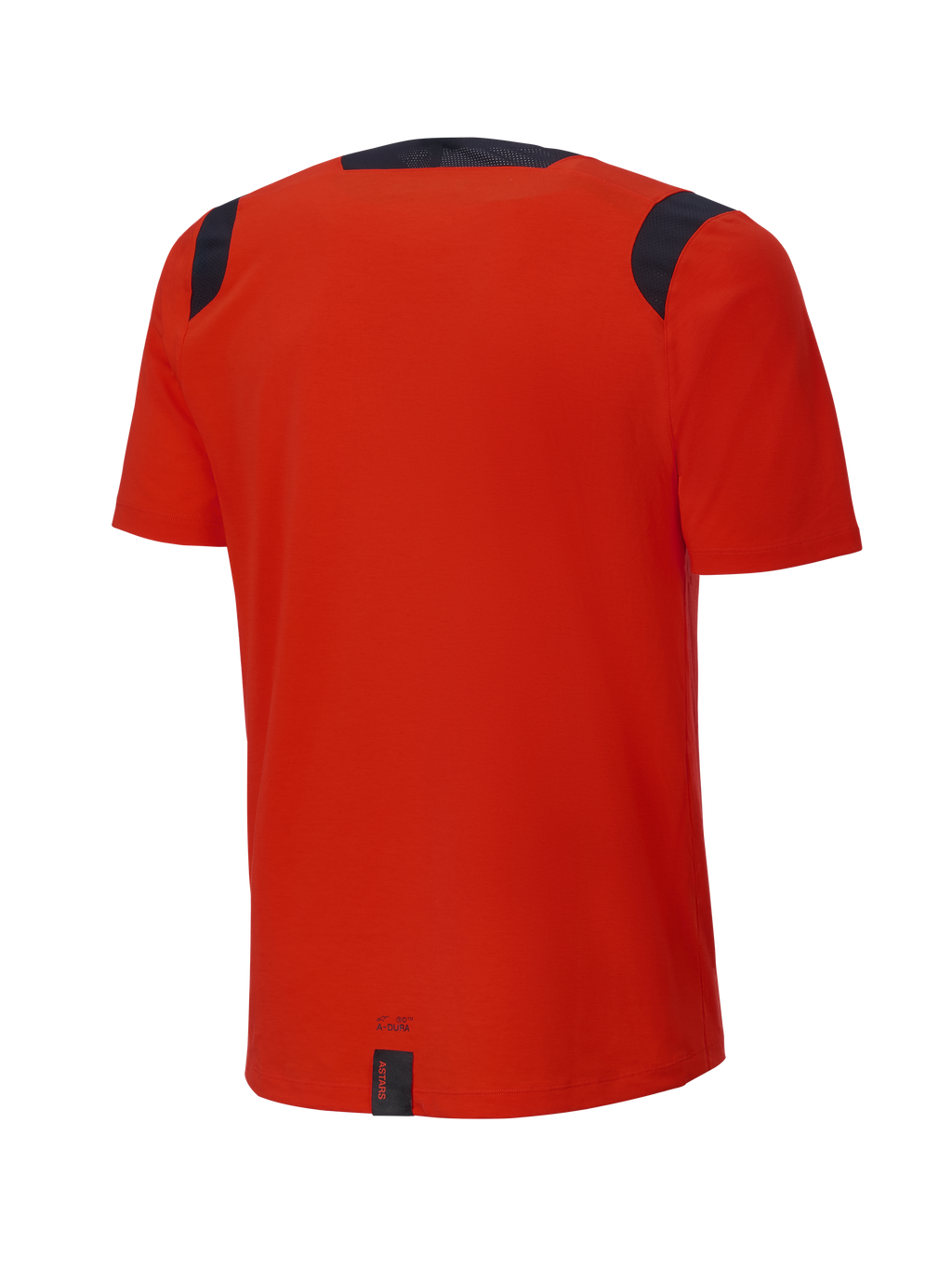 Alpinestars A-Dura Dri Wool Jersey met korte mouwen, Spicy Orange, achteraanzicht, voorzien van zwarte mesh panelen op de schouders en kraag, langere achterzijde voor extra bedekking tijdens het trailrijden