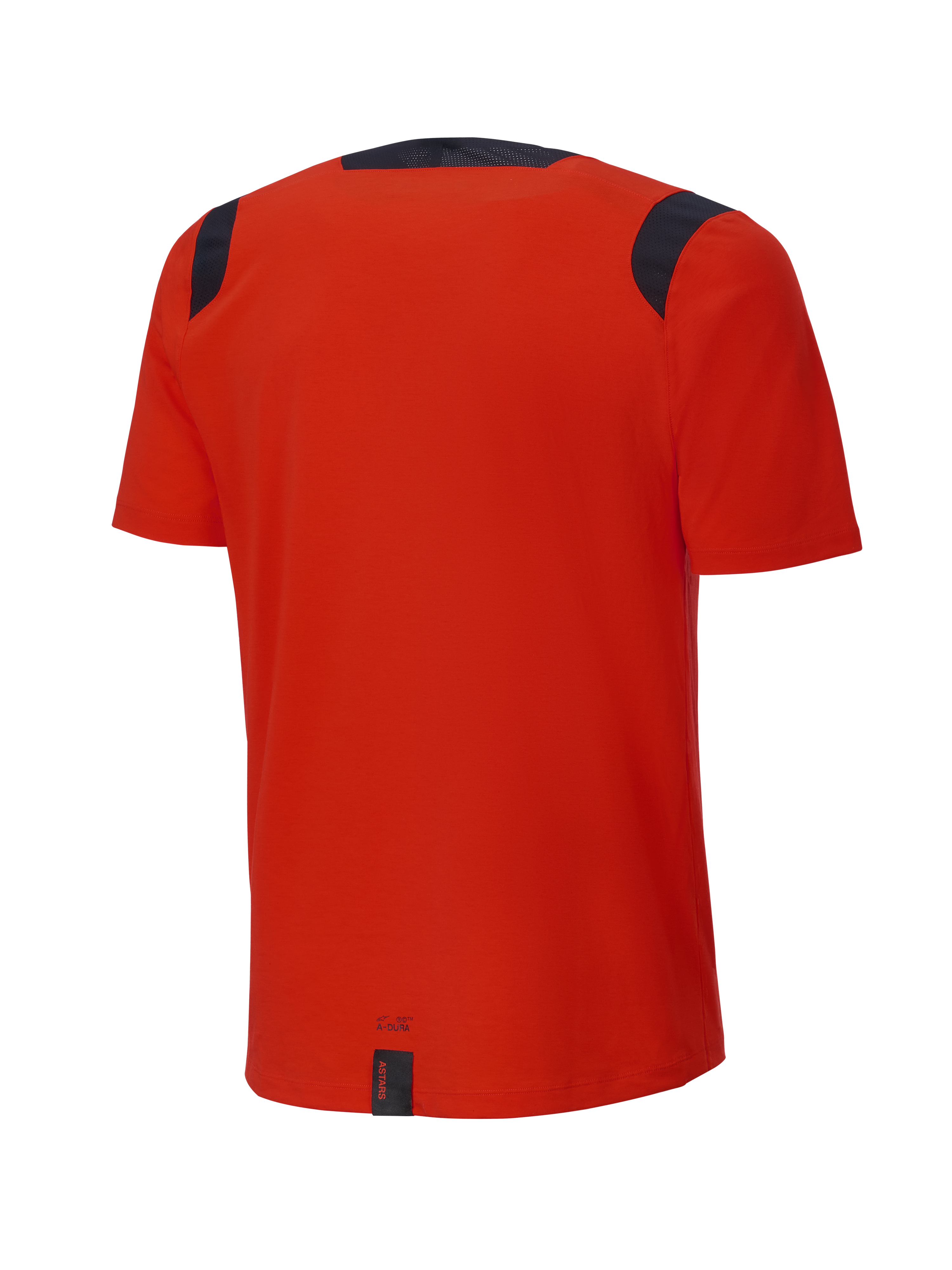 Alpinestars A-Dura Dri Wool Jersey met korte mouwen, Spicy Orange, achteraanzicht, voorzien van zwarte mesh panelen op de schouders en kraag, langere achterzijde voor extra bedekking tijdens het trailrijden
