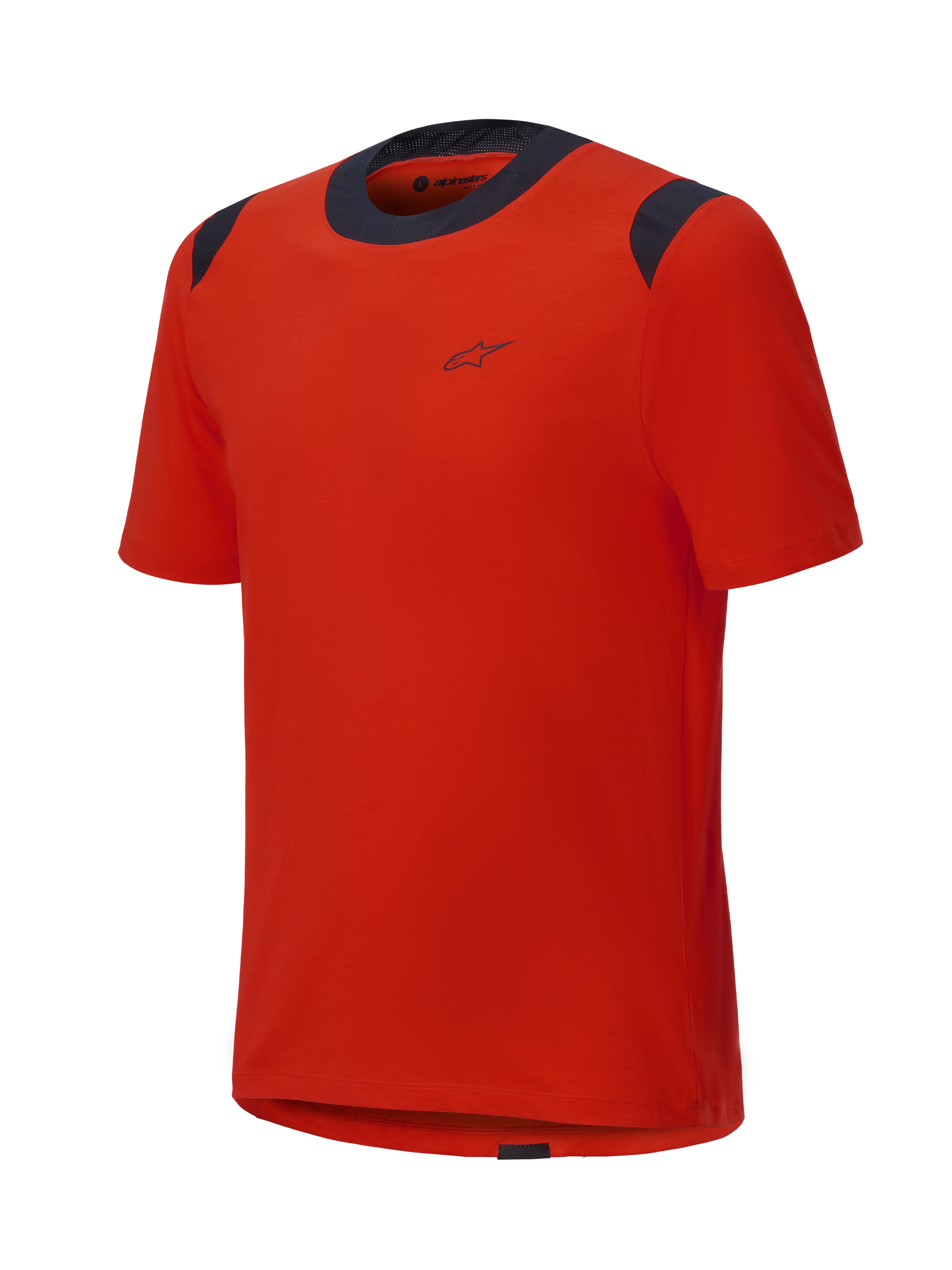 Alpinestars A-Dura Dri Wool Jersey met korte mouwen, Spicy Orange met zwarte mesh panelen op de kraag en schouders, minimalistisch ontwerp met een klein logo op de borst, technische mountainbike kleding