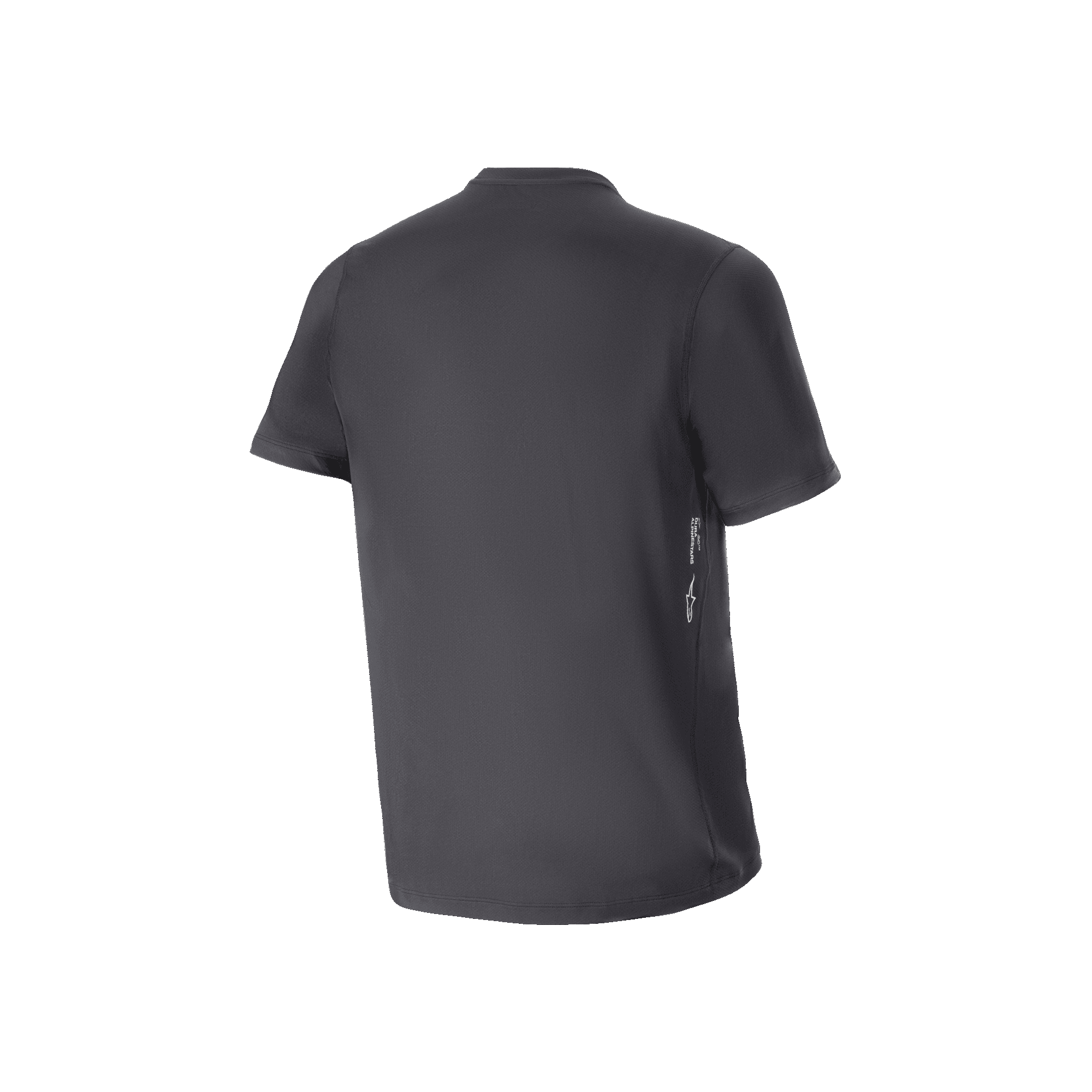 Maillot à manches courtes Alpinestars A-Dura Oscar, maillot de cyclisme VTT, noir, vue de dos avec petit marquage blanc vertical sur le bas du côté, coupe régulière, vêtement technique performant pour le tout-terrain