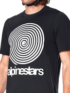 Alpinestars A-Dura Oscar Jersey, maillot de VTT à manches courtes, noir, avec un grand graphique en spirale Oscar vintage blanc et logo Alpinestars sur la poitrine, vêtement de cyclisme de performance