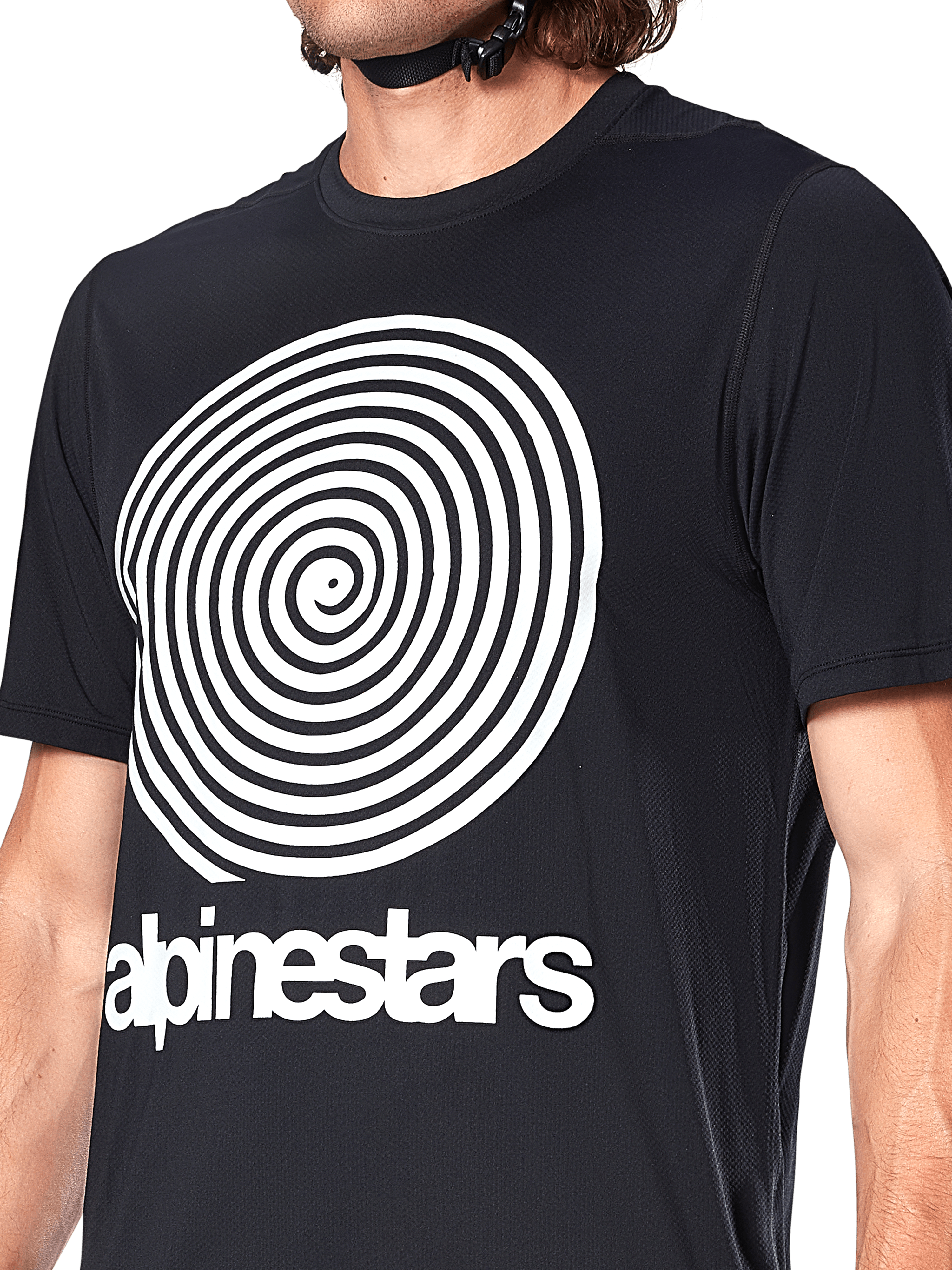 Alpinestars A-Dura Oscar Jersey, maillot de VTT à manches courtes, noir, avec un grand graphique en spirale Oscar vintage blanc et logo Alpinestars sur la poitrine, vêtement de cyclisme de performance