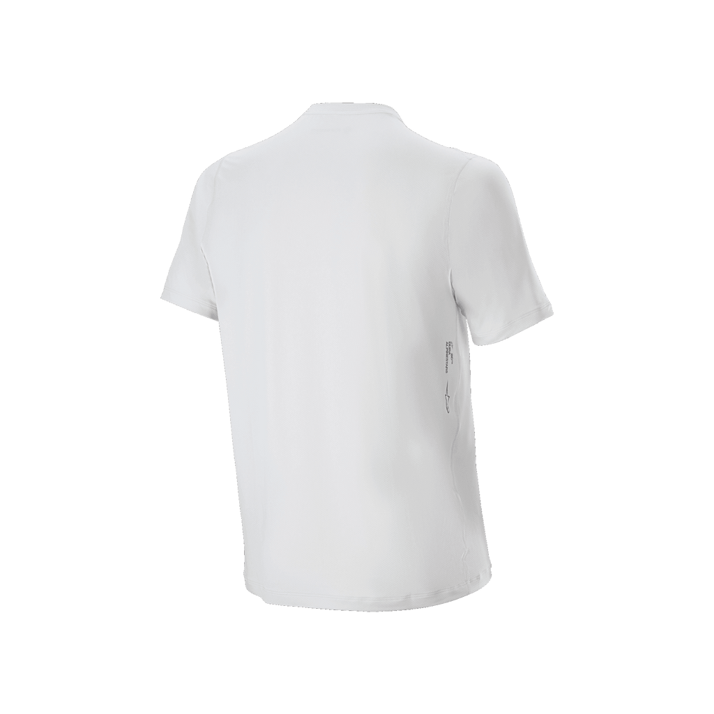 Maillot à manches courtes Alpinestars A-Dura Oscar, maillot de cyclisme, White Dove, vue arrière, design blanc minimaliste avec petit logo vertical sur le bas du dos à droite, équipement de VTT haute performance