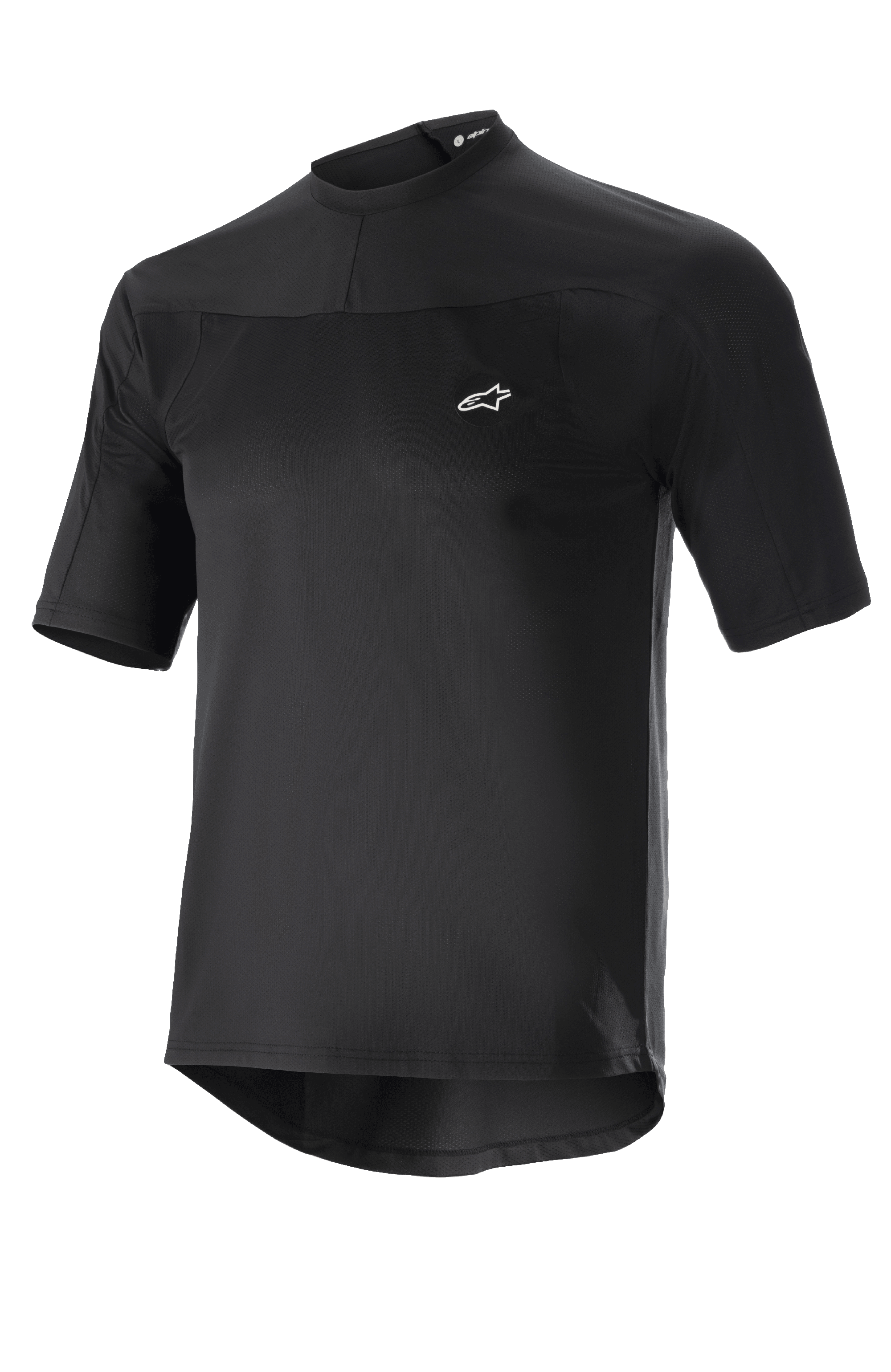Alpinestars Drop Meta Jersey, MTB wielrenshirt met korte mouwen, zwart, lichtgewicht mesh-stof, klein wit logo op de borst, ronde kraag en verlengde achterzijde voor rugdekking