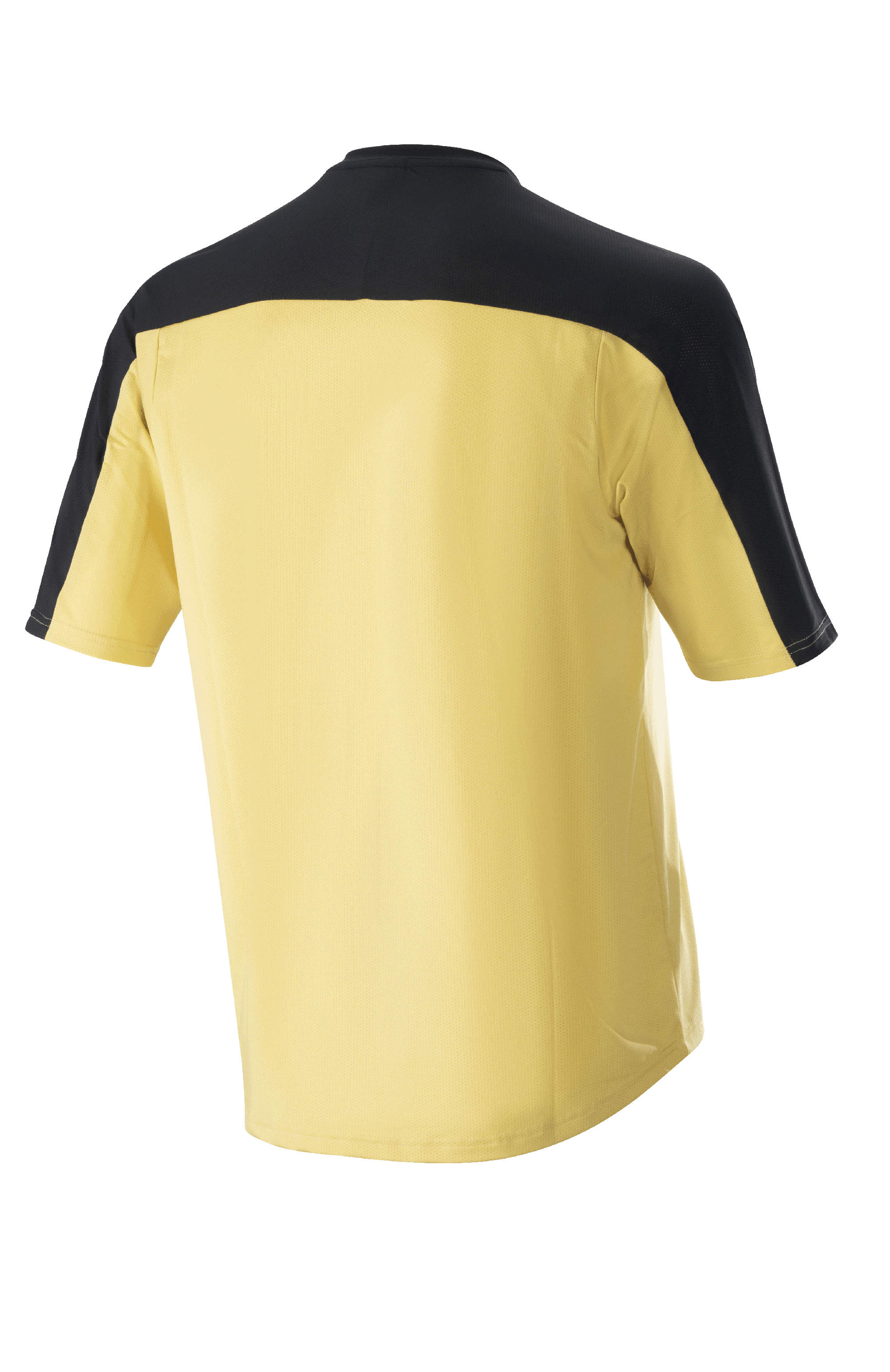 Alpinestars Drop Meta Jersey - Korte mouwen, mountainbike jersey, goud met zwart schouderstuk en mouwpanelen, achteraanzicht, verlengde achterkant voor extra dekking, lichtgewicht mesh-materiaal.