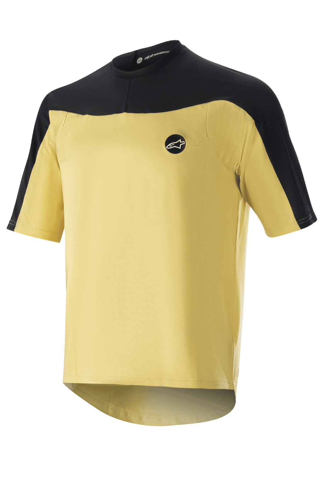 Alpinestars Drop Meta Jersey - korte mouwen, MTB-fietsshirt, goud en zwart, mesh-constructie met kleurvlakken op de schouders, rond logo op de borst en een verlengde achterzoom.