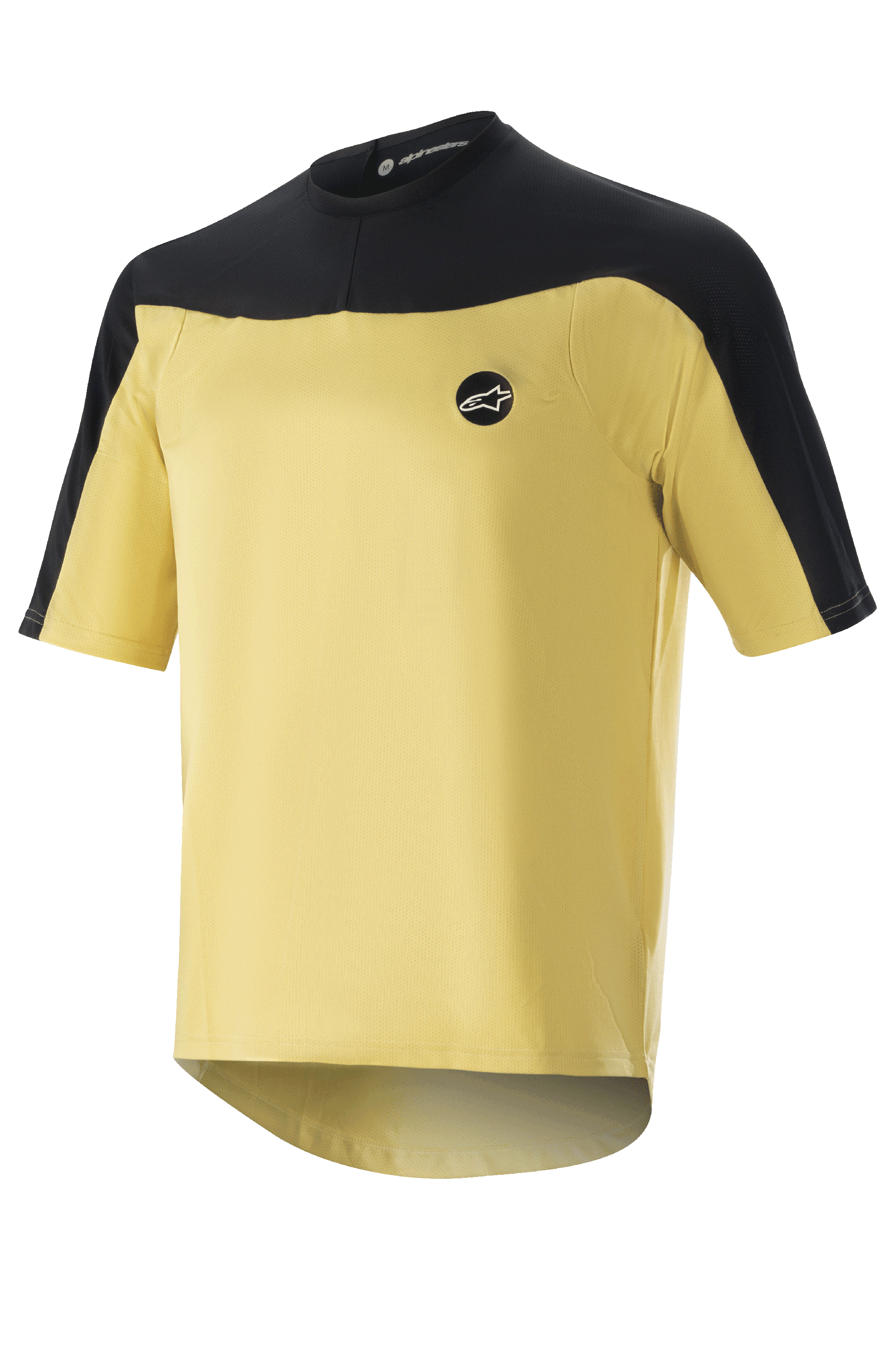 Alpinestars Drop Meta Jersey - korte mouwen, MTB-fietsshirt, goud en zwart, mesh-constructie met kleurvlakken op de schouders, rond logo op de borst en een verlengde achterzoom.
