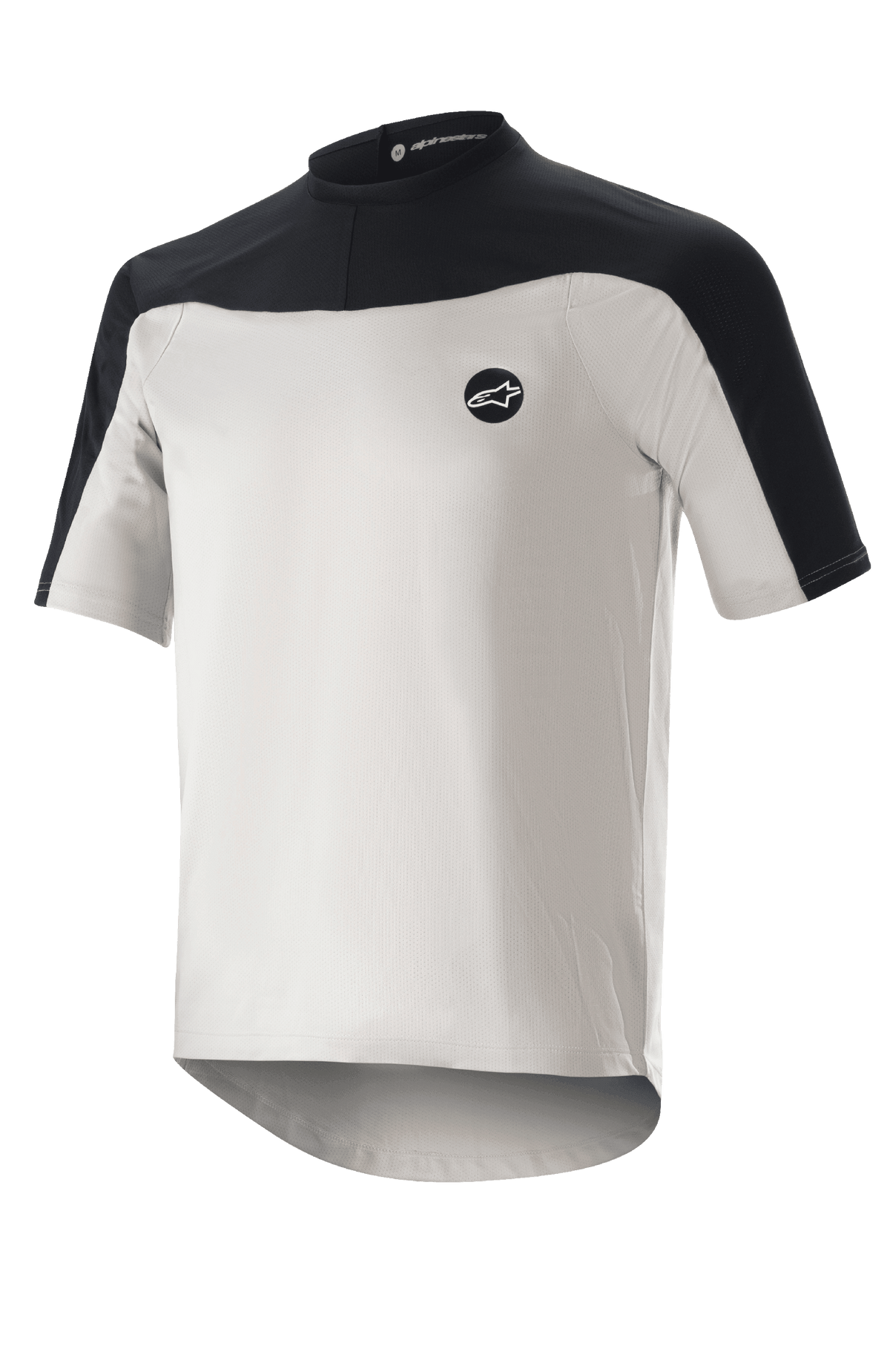 Alpinestars Drop Meta Jersey met korte mouwen, mountainbikeshirt, lichtgrijs en zwart, voorzien van een ademende mesh-constructie, zwarte schouderpas, ronde halslijn en een verlengde achterkant voor extra dekking