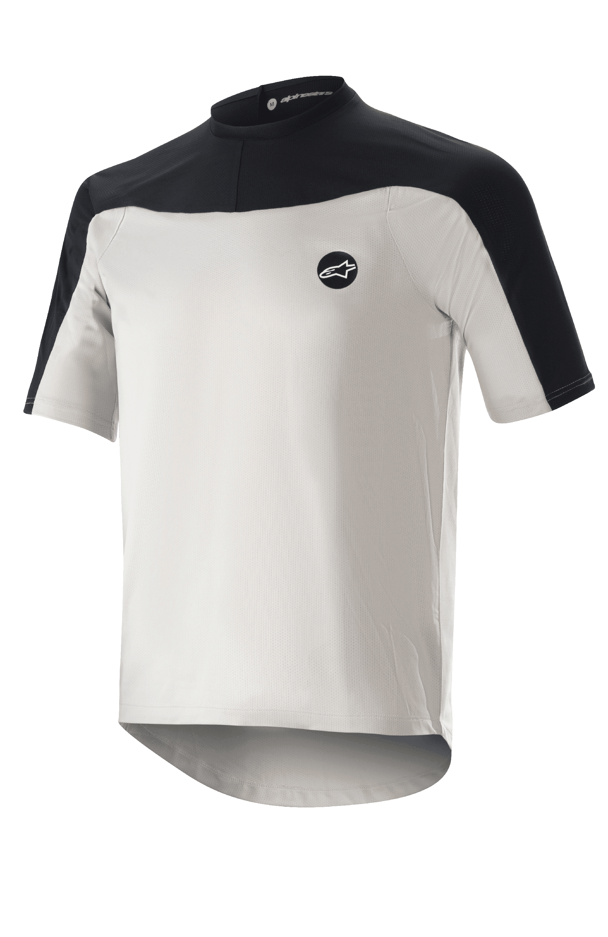 Alpinestars Drop Meta Jersey met korte mouwen, mountainbikeshirt, lichtgrijs en zwart, voorzien van een ademende mesh-constructie, zwarte schouderpas, ronde halslijn en een verlengde achterkant voor extra dekking