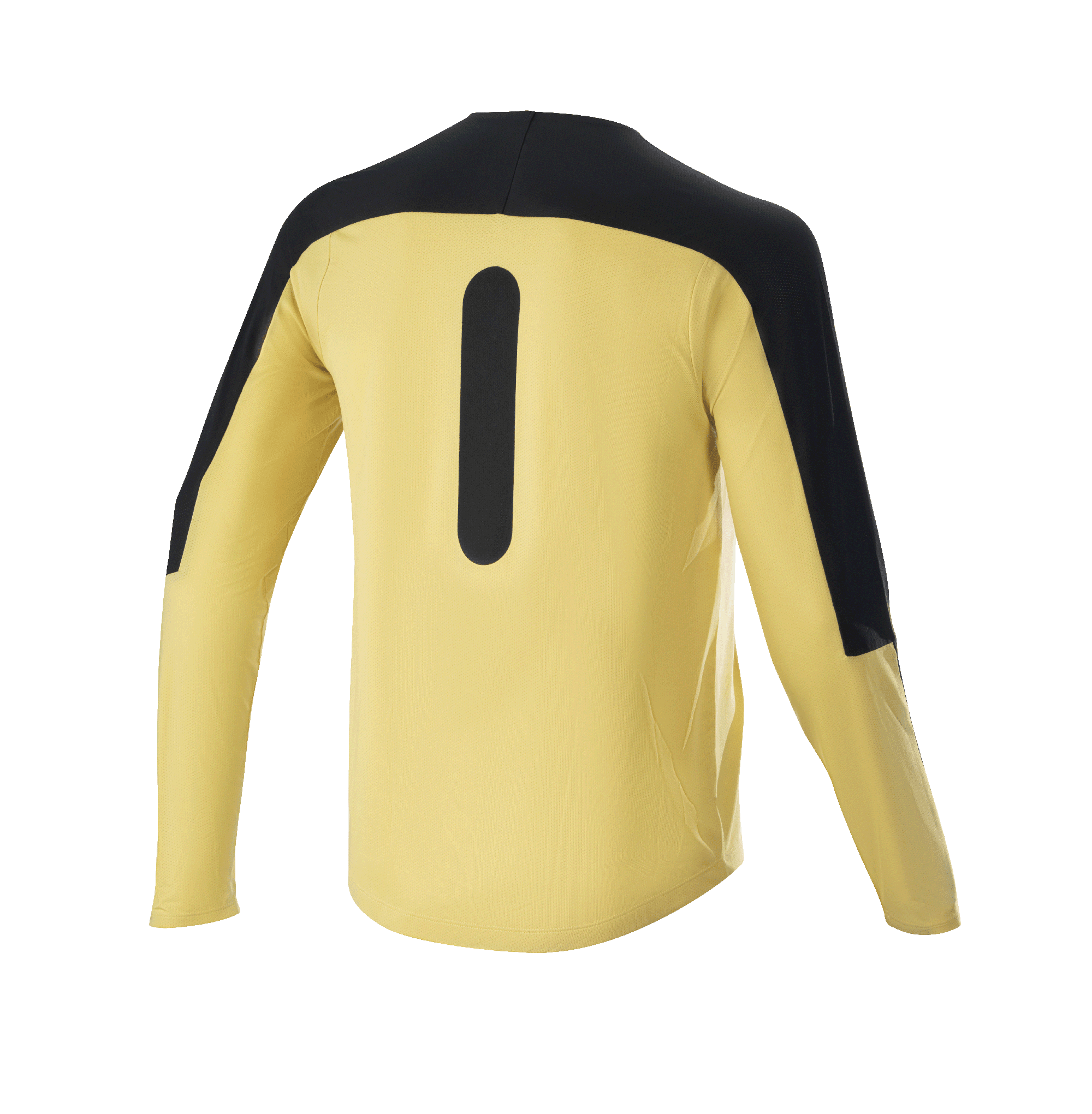 Alpinestars Drop Meta Jersey - lange mouwen, mountainbike jersey, goud en zwart, achteraanzicht met zwarte schouderpanelen en verticale graphic, lichtgewicht mesh-materiaal met verlengde achterzijde voor MTB-trailrijden