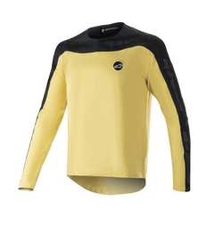 Alpinestars Drop Meta Long Sleeve Jersey, maillot de VTT à manches longues, jaune et noir, empiècement d'épaule et panneaux extérieurs des manches noirs, petit logo circulaire sur la poitrine, tissu mesh léger et respirant, pan arrière allongé