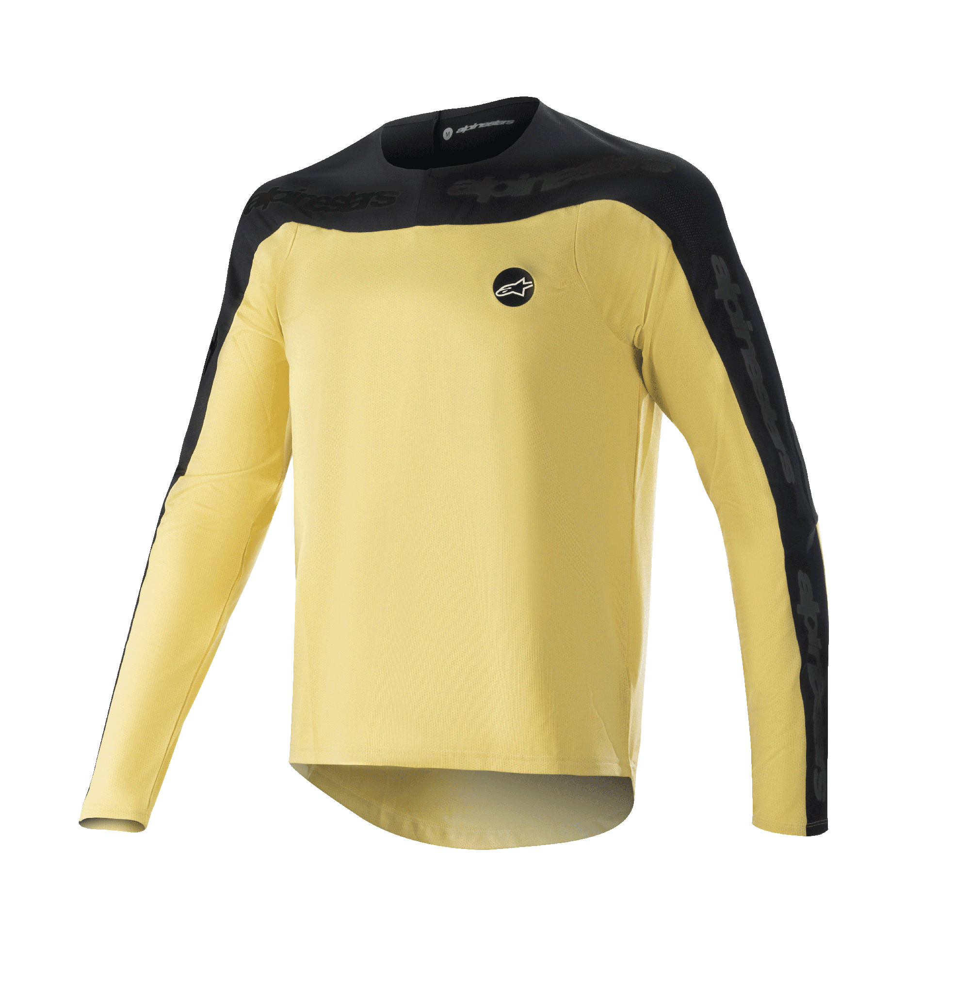 Alpinestars Drop Meta Jersey met lange mouwen, MTB mountainbikeshirt, goud en zwart, zwart schouderstuk en buitenste mouwpanelen, klein rond logo op de borst, lichtgewicht ademende mesh-stof, verlengde achterzoom