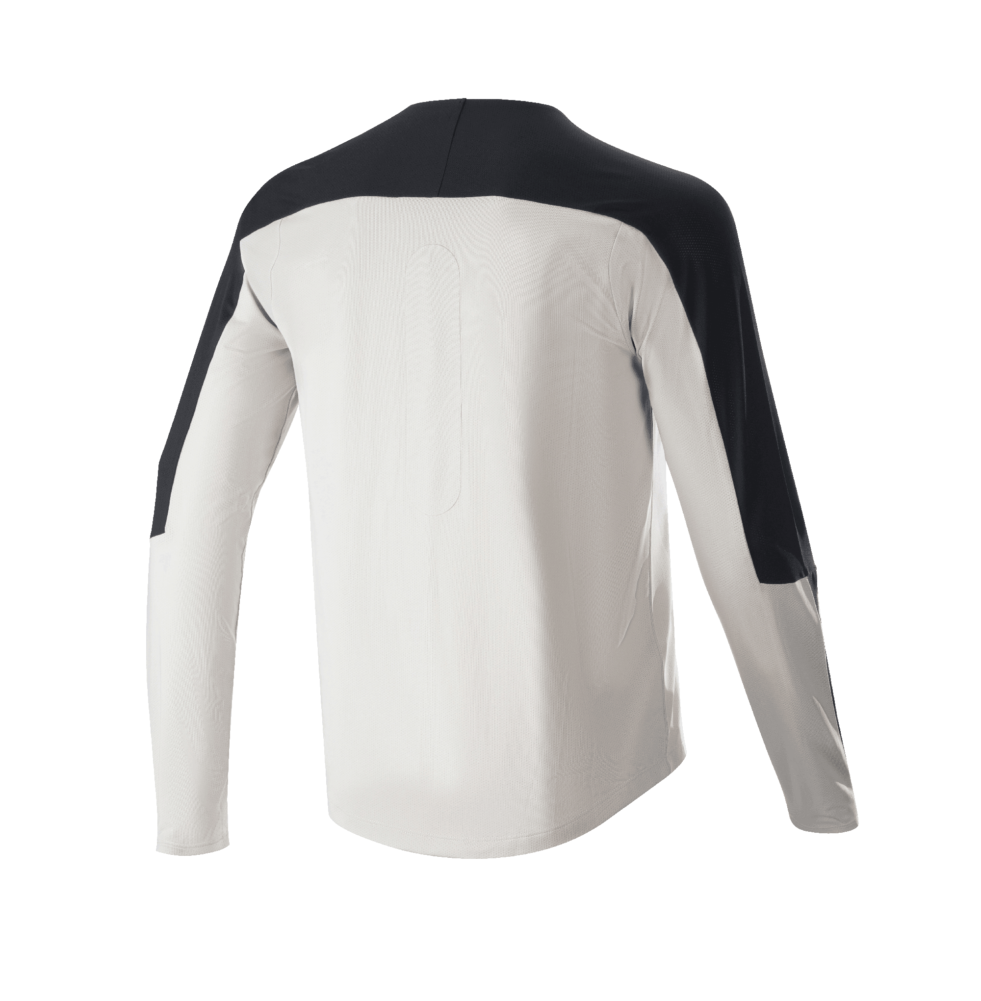 Alpinestars Drop Meta Jersey - Lange Mouwen, MTB-jersey, lichtgrijs met zwarte accenten op de schouders en mouwen, achteraanzicht met verlengde achterkant, ademende mesh-stof voor off-road fietsen