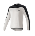 Alpinestars Drop Meta Jersey met lange mouwen, MTB-shirt, lichtgrijs en zwart, voorzien van een zwarte schouderpas en buitenste mouwpanelen met merknaam, verlengde achterzoom voor extra dekking en een rond logo op de linkerborst
