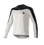 Alpinestars Drop Meta Jersey met lange mouwen, MTB-shirt, lichtgrijs en zwart, voorzien van een zwarte schouderpas en buitenste mouwpanelen met merknaam, verlengde achterzoom voor extra dekking en een rond logo op de linkerborst