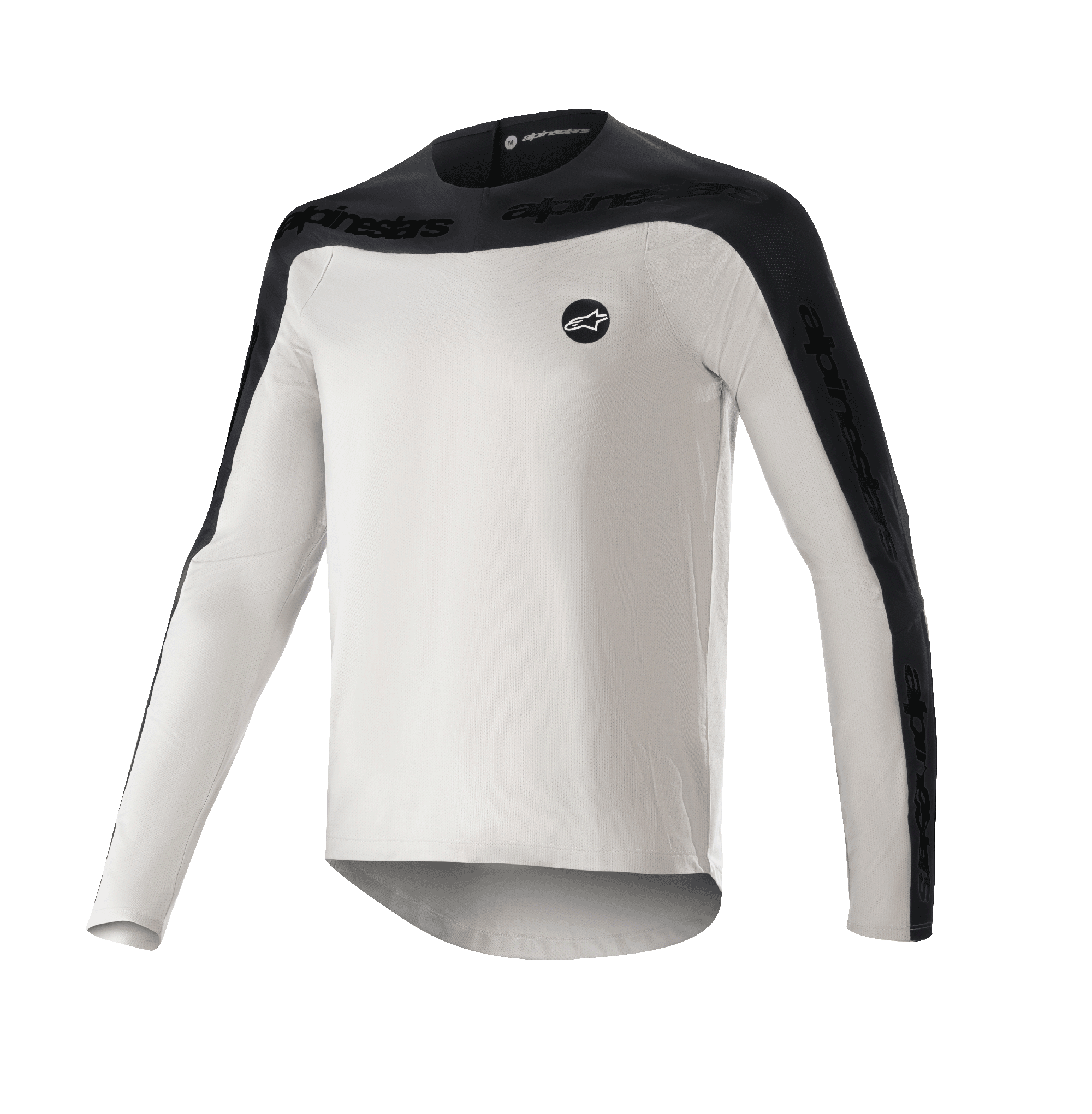 Alpinestars Drop Meta Jersey met lange mouwen, MTB-shirt, lichtgrijs en zwart, voorzien van een zwarte schouderpas en buitenste mouwpanelen met merknaam, verlengde achterzoom voor extra dekking en een rond logo op de linkerborst