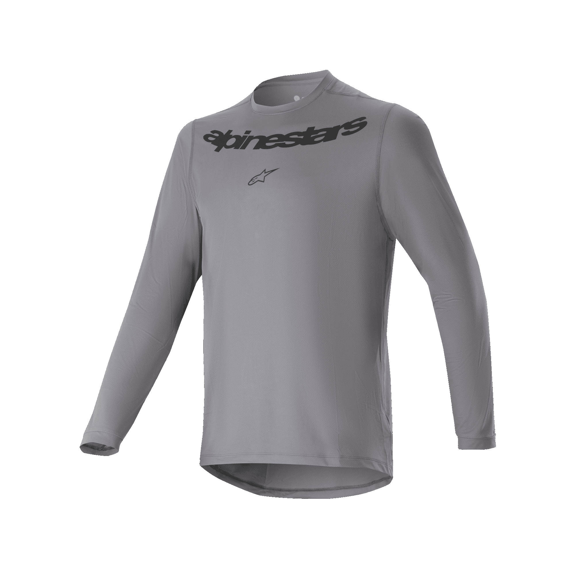 Alpinestars A-Dura Rocker Jersey met lange mouwen, MTB-wielershirt, donkergrijs, met zwart Alpinestars-woordmerk en sterlogo op de borst, langere achterzijde, hoogwaardige fietskleding voor mountainbiken