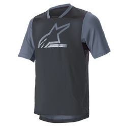 Alpinestars Drop 6 V2 Jersey - Short Sleeve, Grisaille Black, MTB Jersey, technical poly-fabric with dark grey body and light grey sleeves, large silver Alpinestars logo on chest, mesh inserts for airflow, relaxed fit for off-road cycling