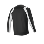 Maillot Alpinestars A-Supra Oscar - Manches Longues, noir, vue de dos, avec des empiècements blancs incurvés sur les épaules et les manches, vêtement de VTT léger et respirant