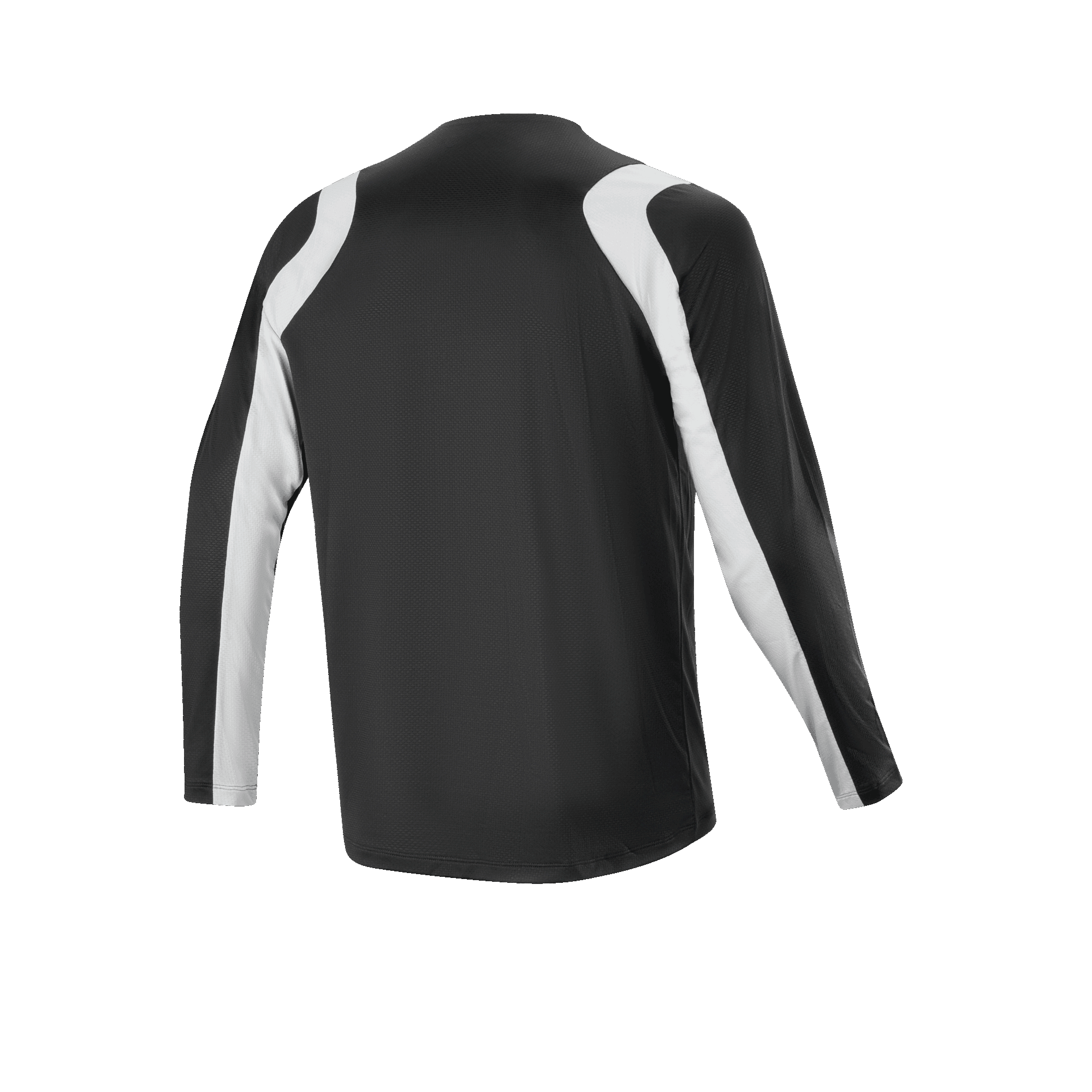 Maillot Alpinestars A-Supra Oscar - Manches Longues, noir, vue de dos, avec des empiècements blancs incurvés sur les épaules et les manches, vêtement de VTT léger et respirant