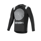 Maillot à manches longues Alpinestars A-Supra Oscar, maillot de cyclisme noir, avec un grand graphique en spirale Oscar blanc sur la poitrine, accents blancs aux épaules, logo Alpinestars, léger et respirant pour le VTT gravity