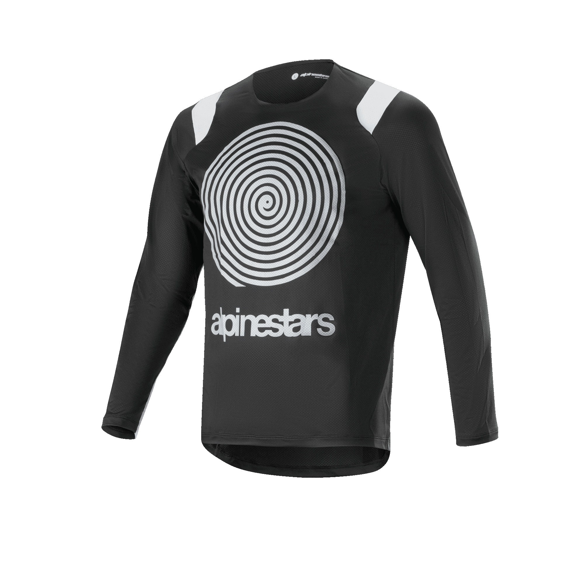 Maillot à manches longues Alpinestars A-Supra Oscar, maillot de cyclisme noir, avec un grand graphique en spirale Oscar blanc sur la poitrine, accents blancs aux épaules, logo Alpinestars, léger et respirant pour le VTT gravity