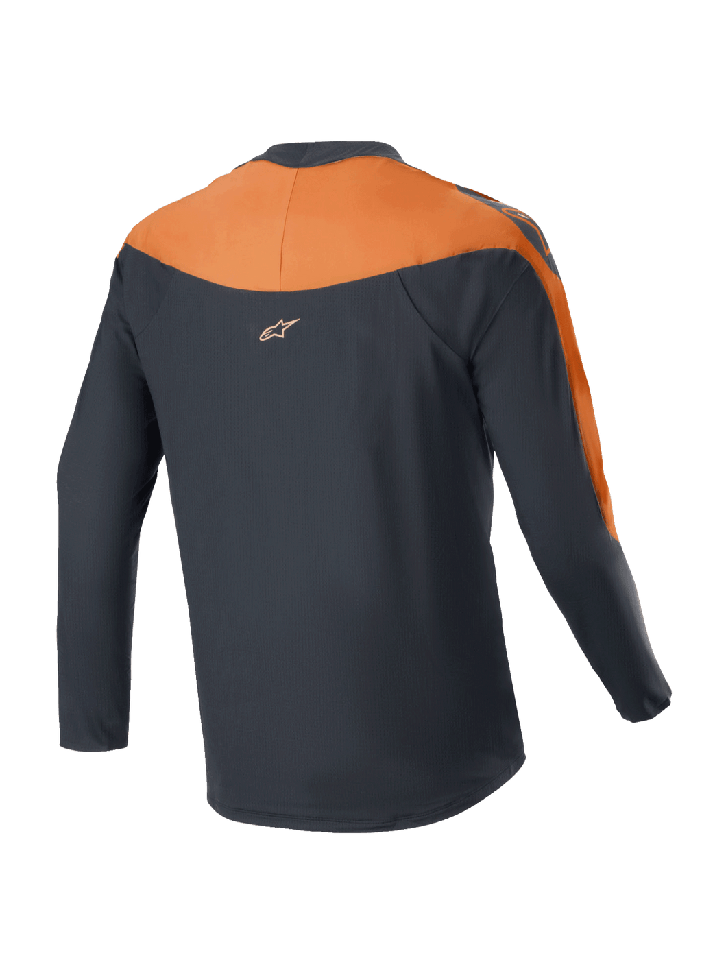 Maillot Alpinestars A-Supra Race - Manches longues, maillot de VTT, noir et orange, vue arrière montrant les empiècements orange sur les épaules et les manches, petit logo Alpinestars sur le haut du dos, pan arrière allongé pour une meilleure couverture à vélo