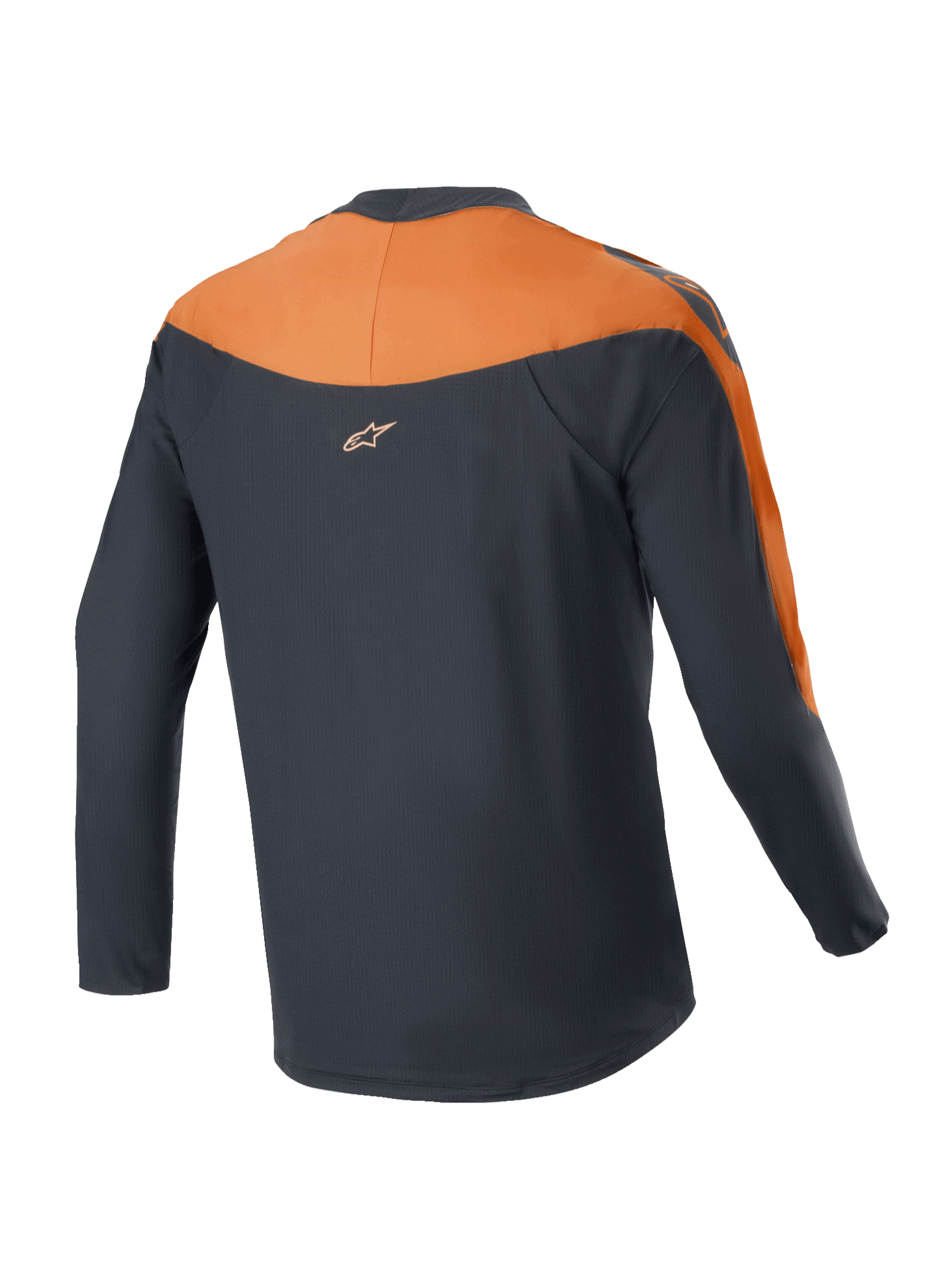 Maillot Alpinestars A-Supra Race - Manches longues, maillot de VTT, noir et orange, vue arrière montrant les empiècements orange sur les épaules et les manches, petit logo Alpinestars sur le haut du dos, pan arrière allongé pour une meilleure couverture à vélo