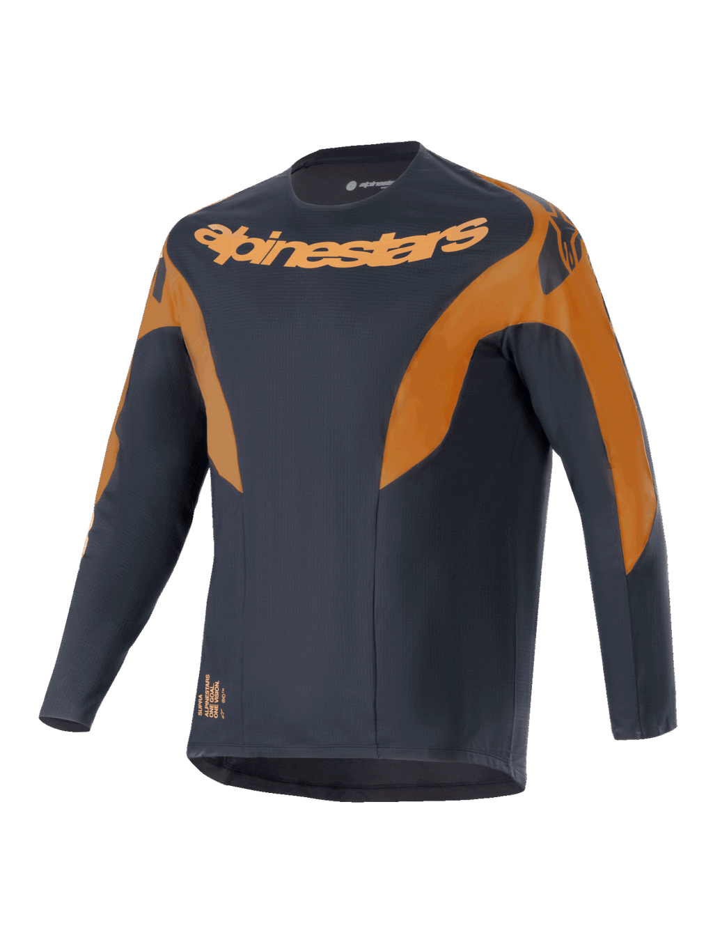 Maillot Alpinestars A-Supra Race, maillot de VTT à manches longues, noir avec accents orange, arborant le logo Alpinestars sur la poitrine et les épaules, en tissu polyester micro-perforé, design inspiré de la compétition