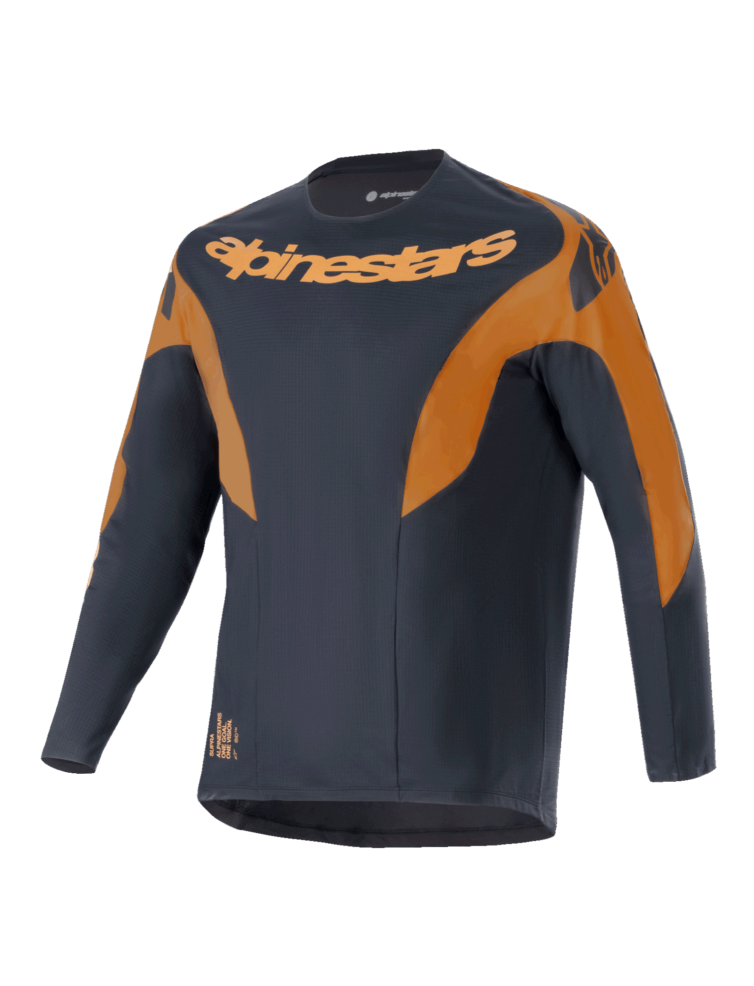 Maillot Alpinestars A-Supra Race, maillot de VTT à manches longues, noir avec accents orange, arborant le logo Alpinestars sur la poitrine et les épaules, en tissu polyester micro-perforé, design inspiré de la compétition