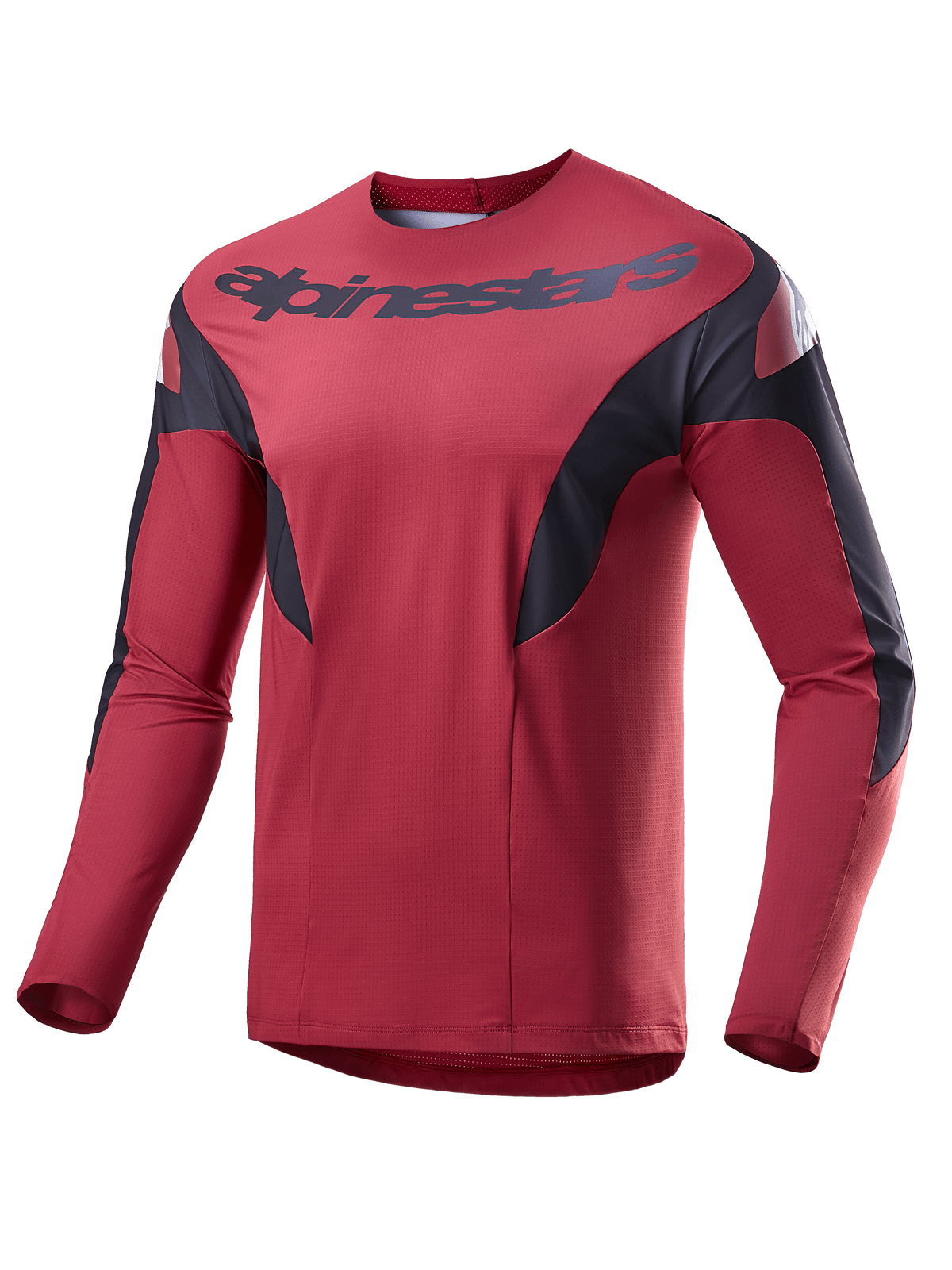 Alpinestars A-Supra Race Jersey, maillot de VTT à manches longues, bourgogne avec panneaux latéraux noirs et accents blancs, logo Alpinestars sur la poitrine, tissu micro-perforé léger pour la course de VTT