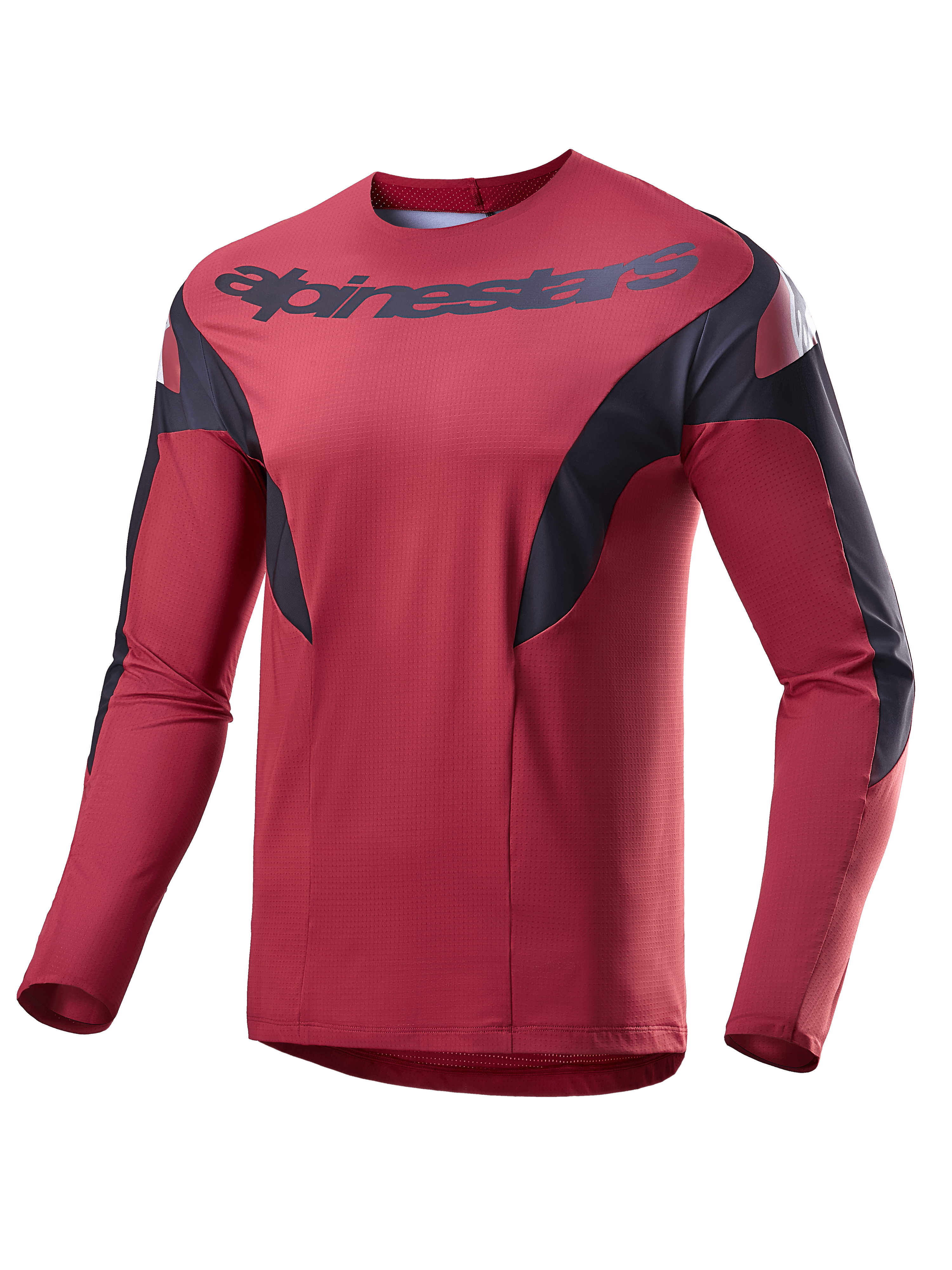 Alpinestars A-Supra Race Jersey, Long Sleeve MTB Jersey, Burgundy with black side panels and white accents, featuring Alpinestars wordmark across the chest, lightweight micro-perforated fabric for mountain bike racing