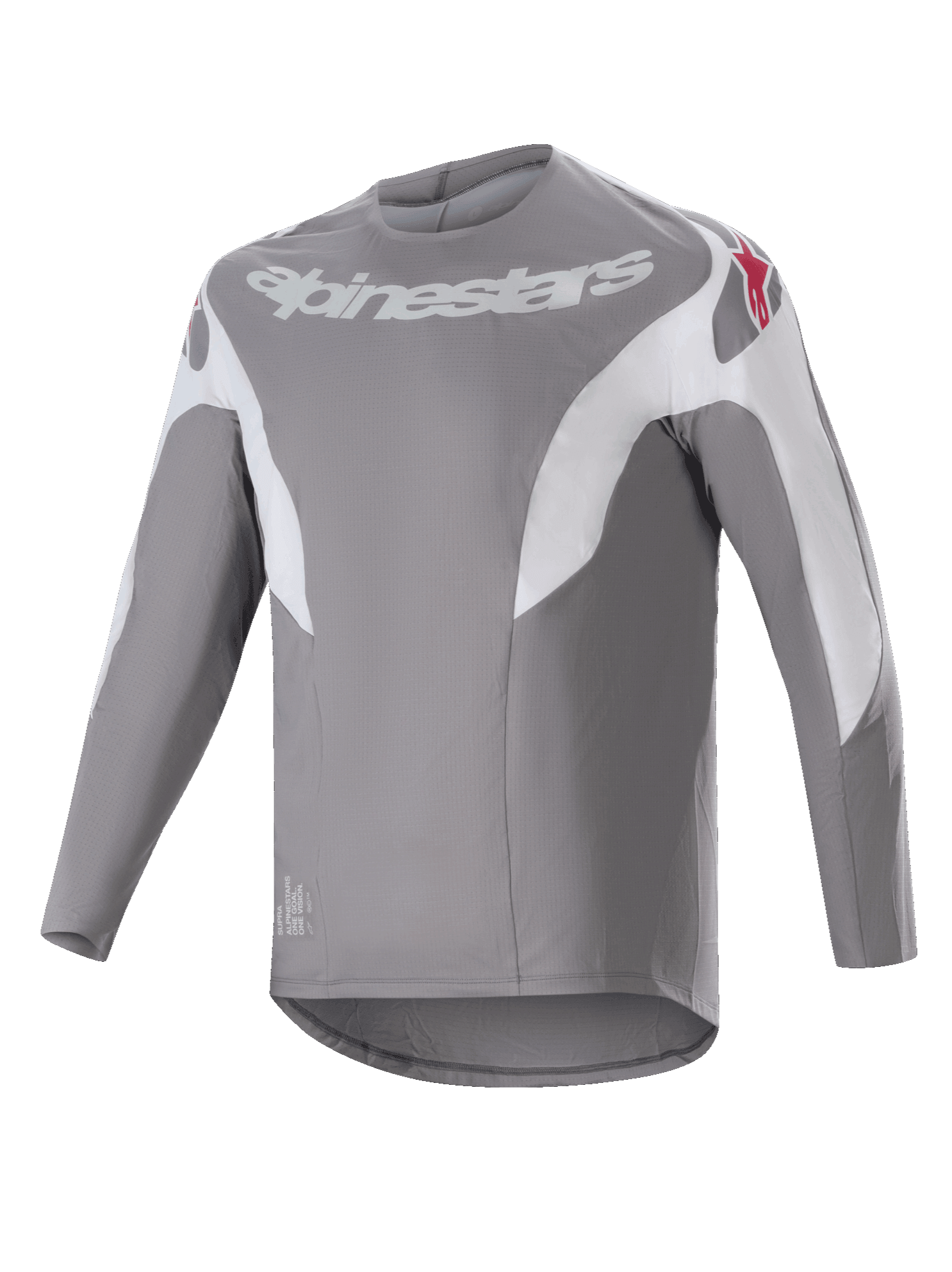 Maillot Alpinestars A-Supra Race, maillot de VTT à manches longues, gris foncé avec empiècements blancs, logo Alpinestars blanc sur la poitrine et logos étoiles rouges sur les épaules, tissu technique micro-perforé avec coupe plus longue à l'arrière pour le cyclisme tout-terrain