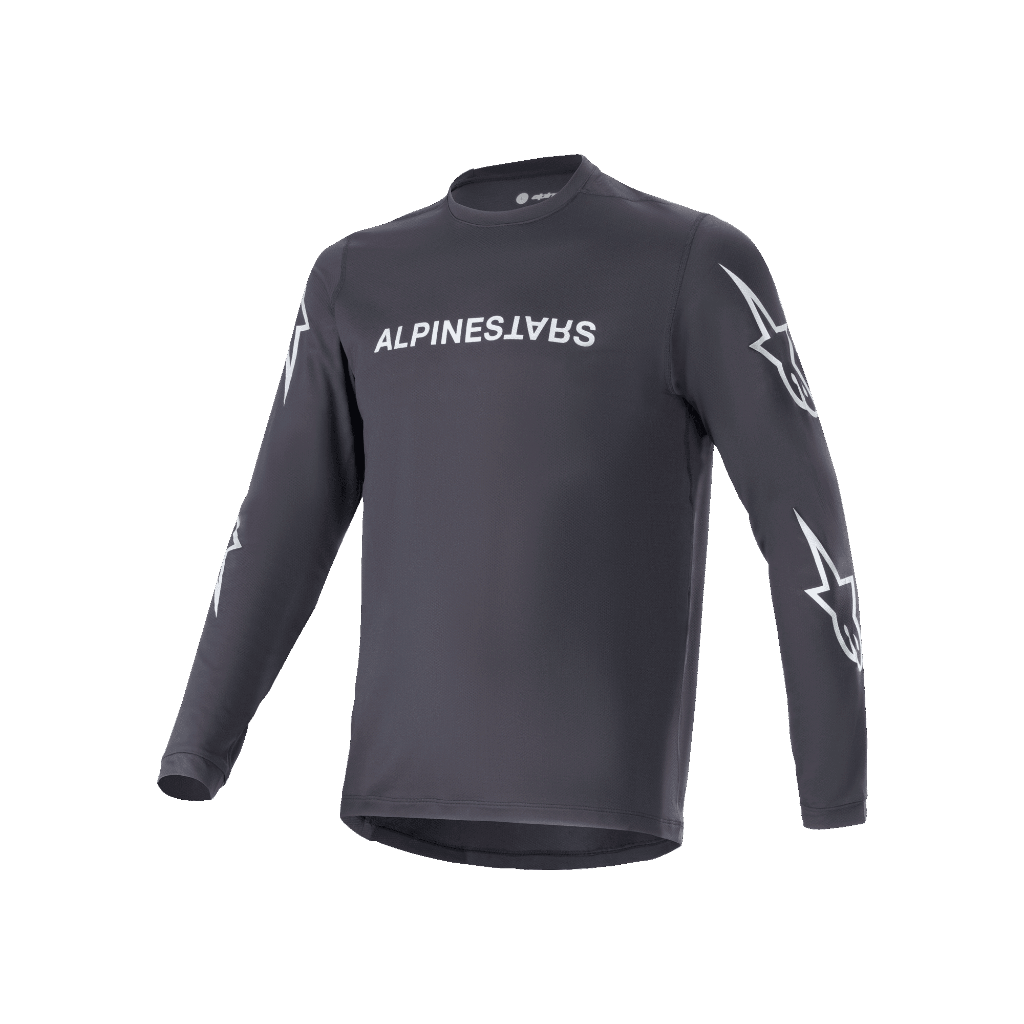Maillot à manches longues Alpinestars A-Dura Switch, noir, logo Alpinestars blanc sur la poitrine et logos étoiles blancs sur les manches, tissu technique léger, équipement de cyclisme VTT
