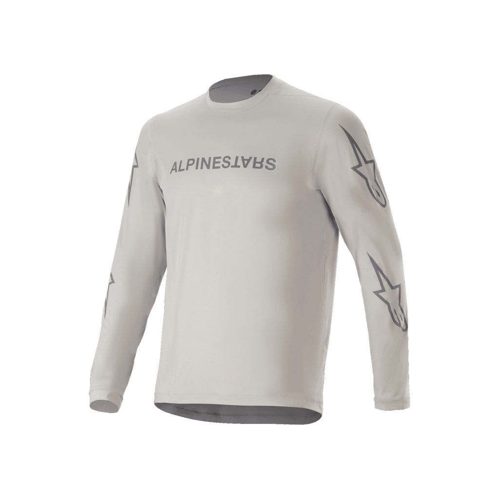 Maillot à manches longues Alpinestars A-Dura Switch, maillot de VTT gris clair, avec logo sur la poitrine et étoiles sur les manches, vêtement de cyclisme performant pour le trail