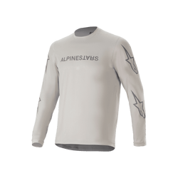 Alpinestars A-Dura Switch Langarmtrikot, hellgraues Mountainbike-Trikot mit Alpinestars-Schriftzug auf der Brust und Stern-Logos auf den Ärmeln, funktionelle Radbekleidung für Trail-Fahrten
