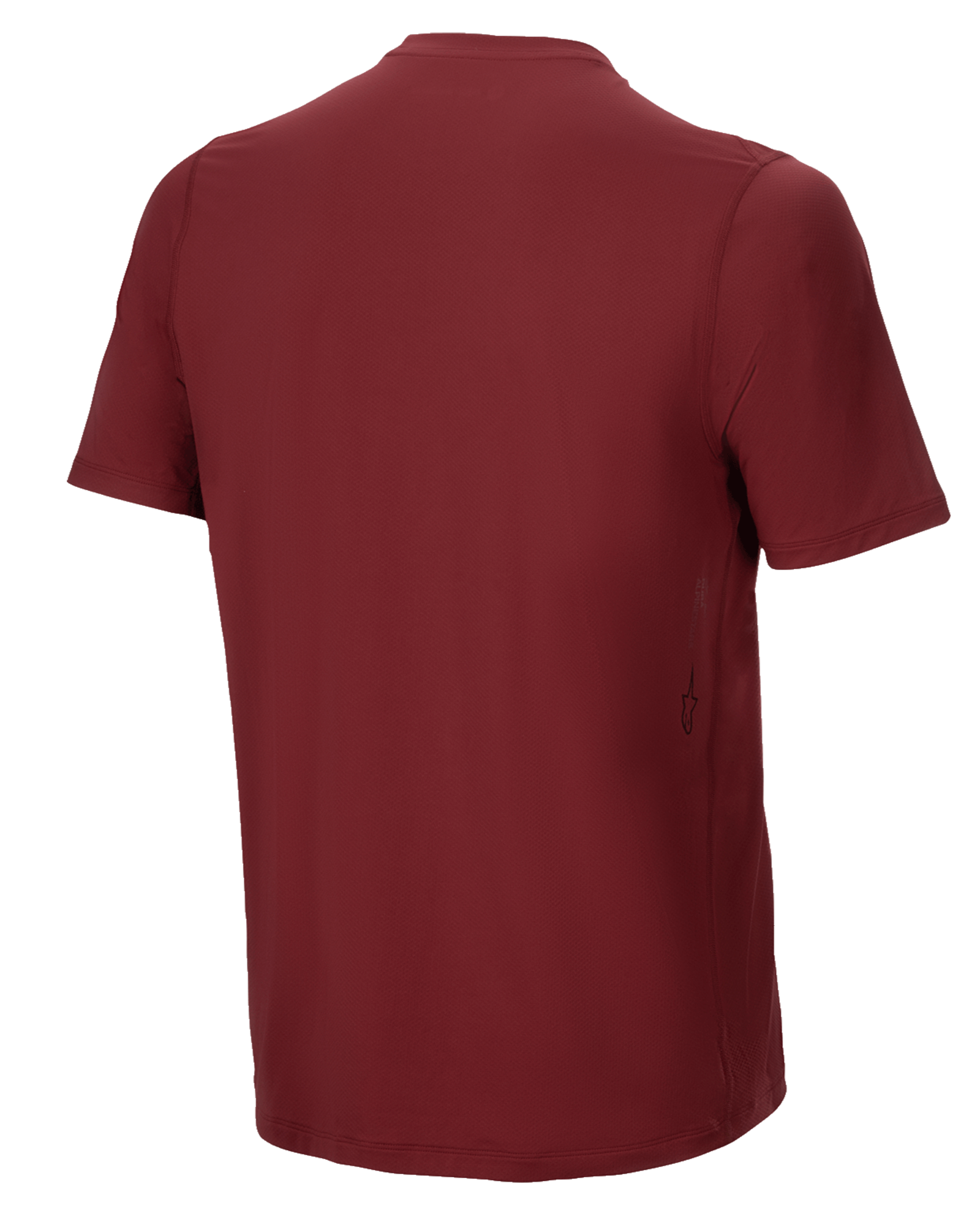 Maillot à manches courtes Alpinestars A-Dura Switch, bordeaux, vue de dos, doté d'un ourlet arrière allongé et d'un petit logo vertical Alpinestars sur le bas du côté, équipement de cyclisme VTT haute performance